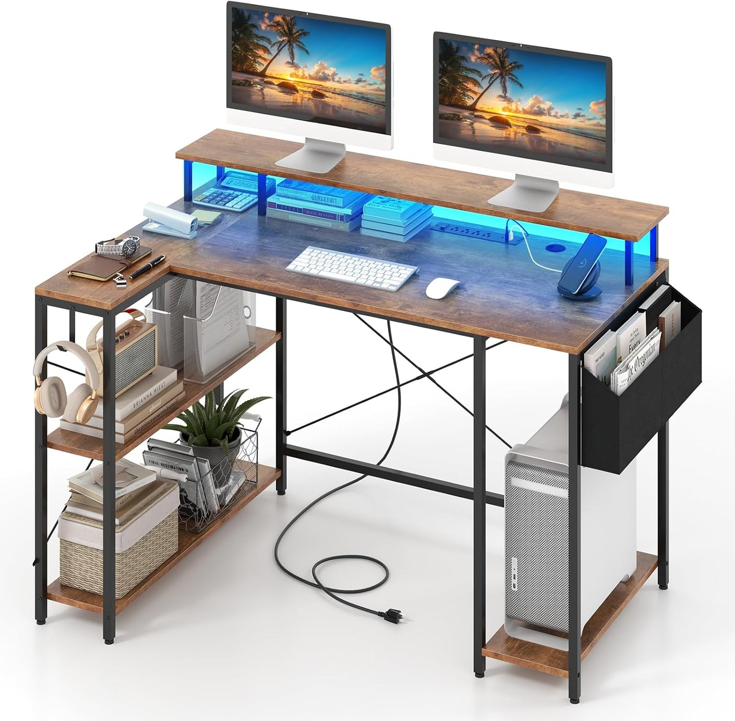 Tangkula L-Shaped Gaming Desk with LED Lights & Power Outlets, 48"/120 cm Computer Desk with Storage Shelves & Monitor Stand, Corner Gaming Desk with Metal Frame, Home Office Desk (Rustic Brown)