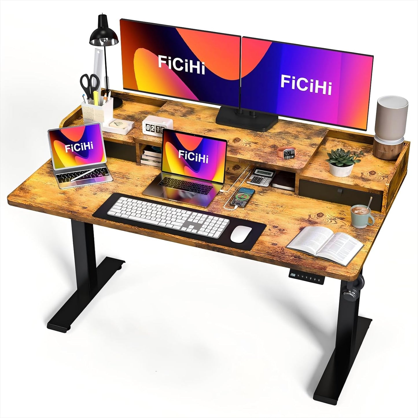 35x20 Inch Standing Desk with Double Drawers, C-Clamp Mount Compatible, Electric Adjustable Height Computer Stand Up Desks, Home Office Sit Stand Table with 3 Preset Heights & 2 Hooks, Black