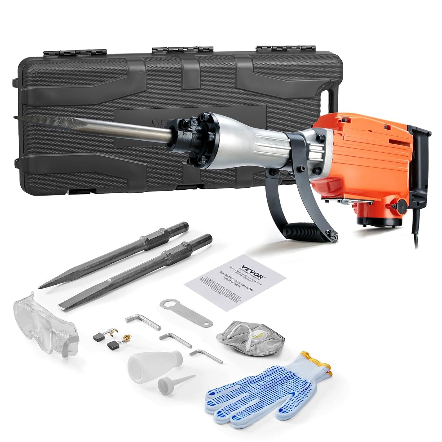 VEVOR Demolition Jack Hammer, 1350 BPM Concrete Breaker 6pcs Chisels Bit Chipping with Case, 2200W Electric Jackhammer Heavy Duty, Black