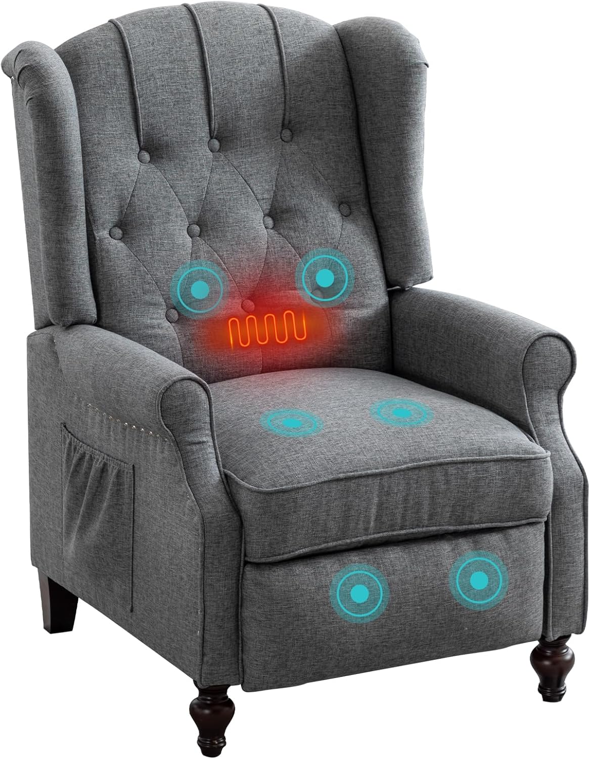 Wingback Recliner Chair Set of 2 with Massage and Heat, Push Back Accent Armchair with Adjustable Backrest, Nailhead Trim, Upholstered Fabric Chair for Living Room, Small Spaces(Light Gray)