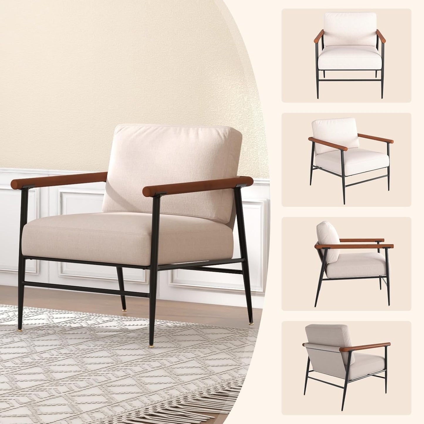 Accent Chairs Set of 2 Mid Century Modern Chair Linen Fabric Living Room Lounge Chair with with Overstuffed Back Pillow and Cushion Reading Side Chair Easy Assembly for Living Room, Bedroom, Belcony