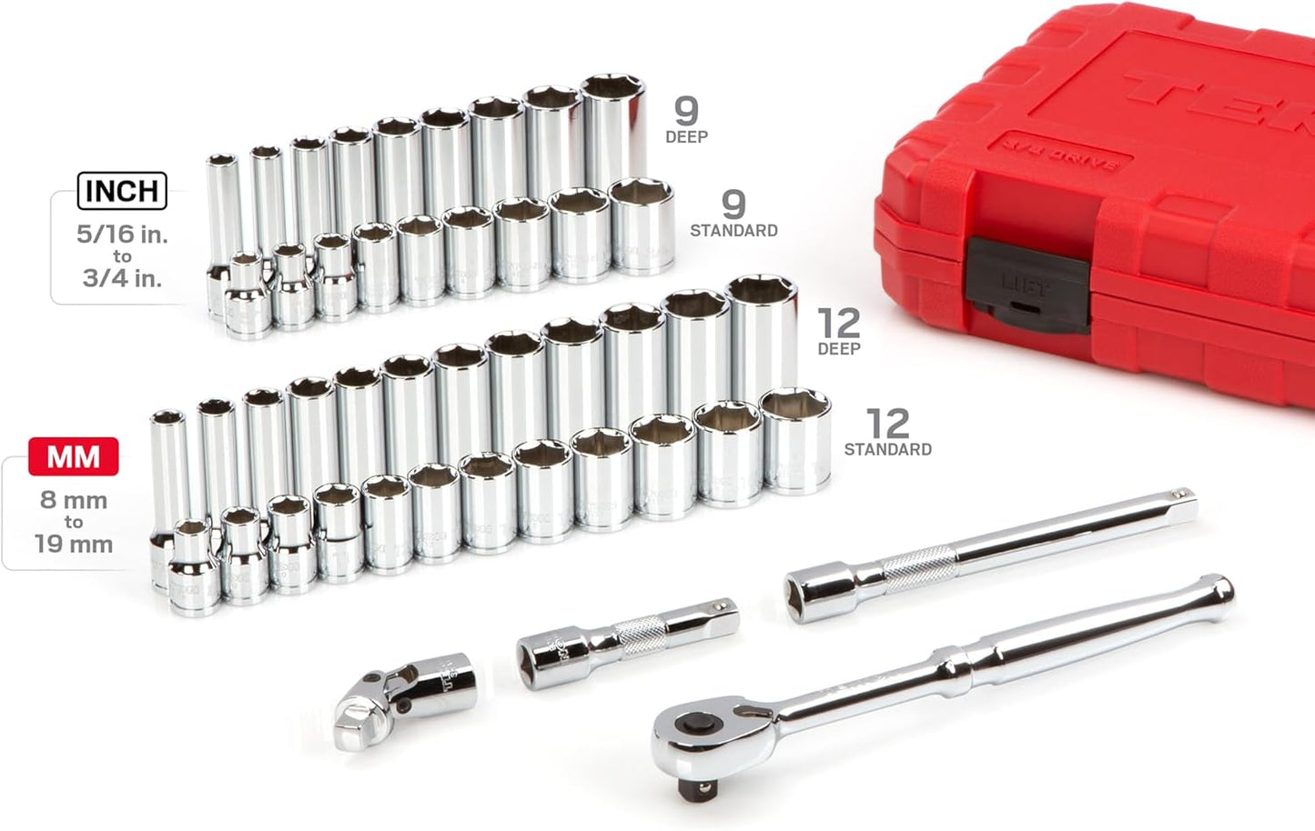 TEKTON 3/8 Inch Drive 6-Point Socket and Ratchet Set, 46-Piece (5/16-3/4 in., 8-19 mm) | SKT15301
