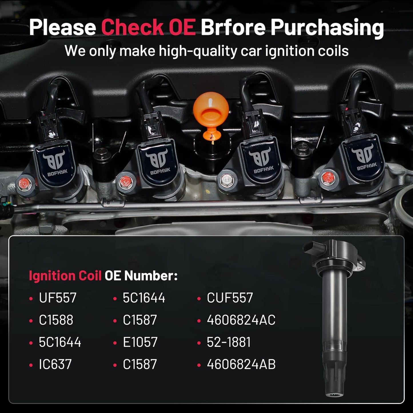 BDFHYK Ignition Coil Pack UF557 Set of 4 Compatible with Dodge Chrysler 200 Sebring Avenger Caliber Journey Compatible with Jeep Compass Patriot 1.8L 2.0L 2.4L L4 Replacement for IC637 IC637SB