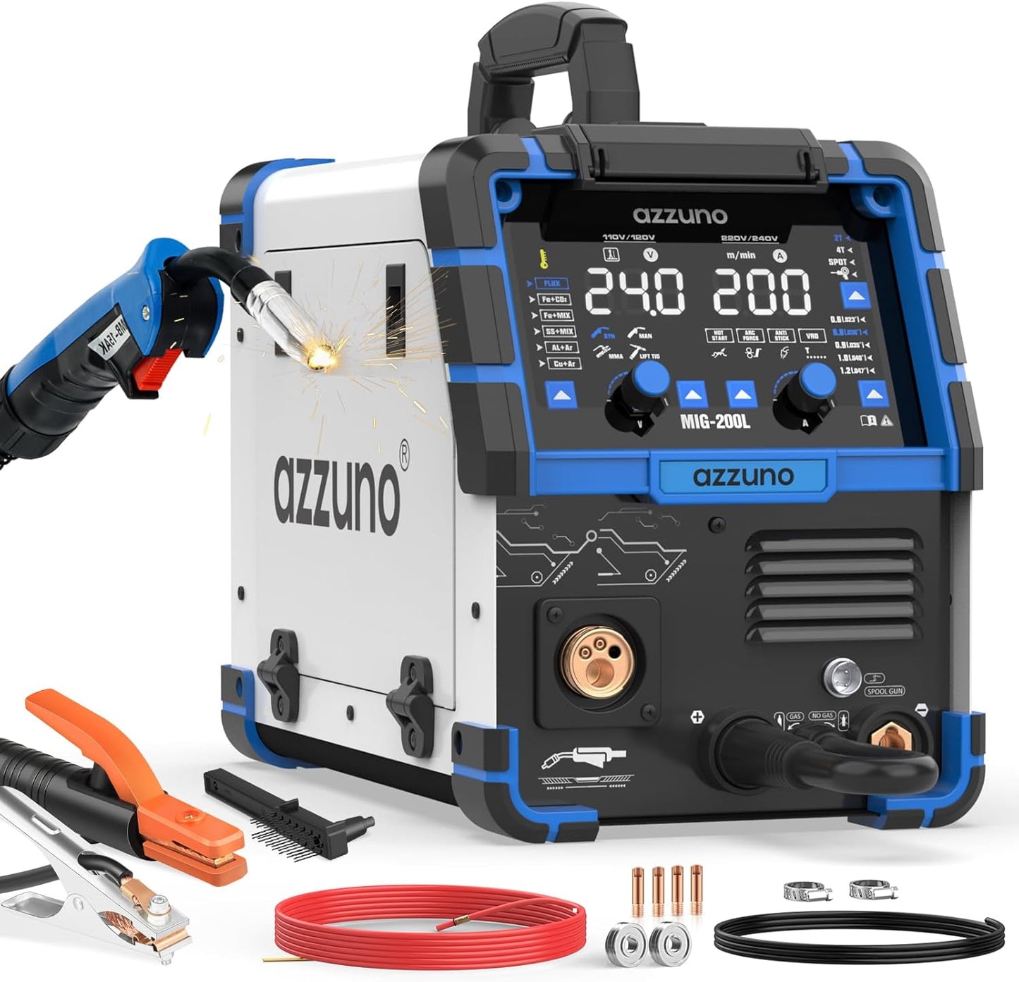 AZZUNO MIG Welder 135Amp 110V, 3 in 1 Gasless Flux Core MIG Welder/Lift TIG/Stick Welding Machine, Wire Feed Welder with Synergic Control
