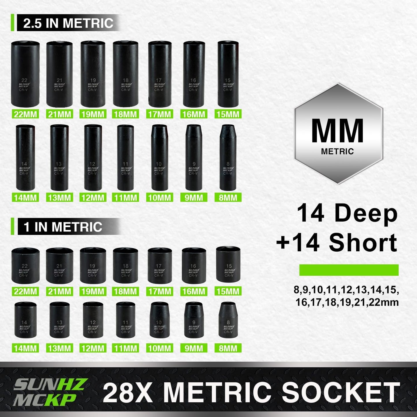 SUNHZMCKP 3/8" Drive Impact Socket Set, 52 Piece Standard SAE (5/16-3/4 inch) and Metric (8-22mm) Shallow & Deep Sockets, Adjustable Ratchet Handle, Extension Bars, Adapters, Universal Joint, CR-V
