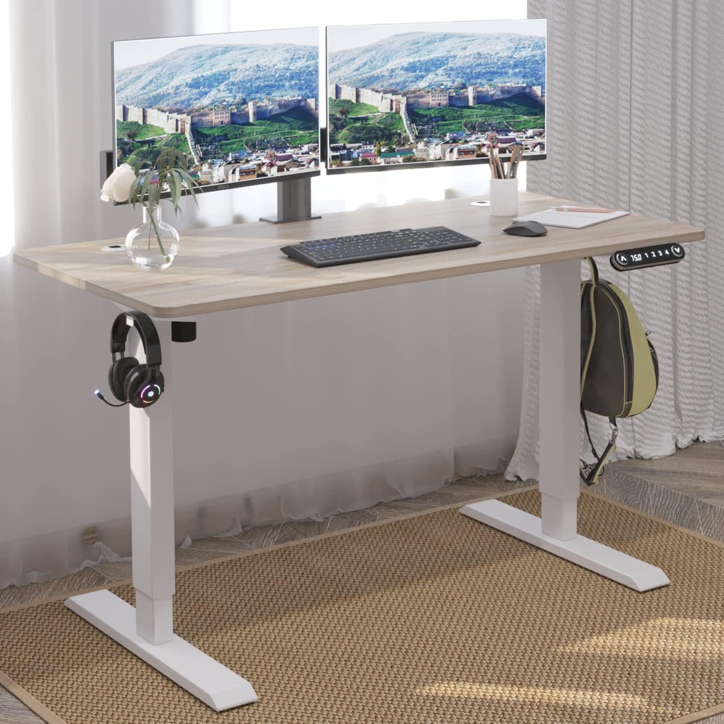 bilbil 59 Inches L-Shaped Electric Height Adjustable Standing Desk, Stand Up Home Office Desk with 4 Memory Preset Options, Double-Beam Construction, Anti-Collision Technology