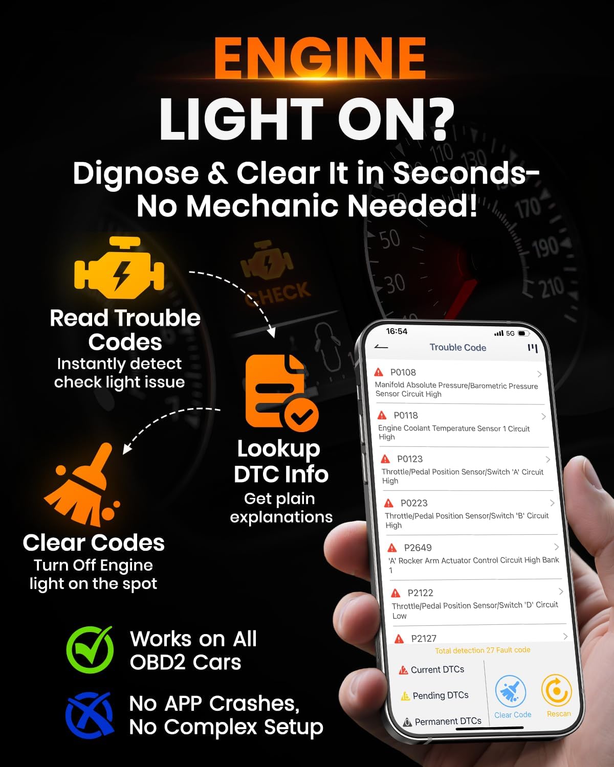 ANCEL BD310 OBD2 Scanner Diagnostic Tool - 3 in 1 OBD2 Scanner Bluetooth - App Based OBDII Scan Tool for Android & iPhone - Check Engine Light Code Reader - Wired, Bluetooth, and Heads-up Display