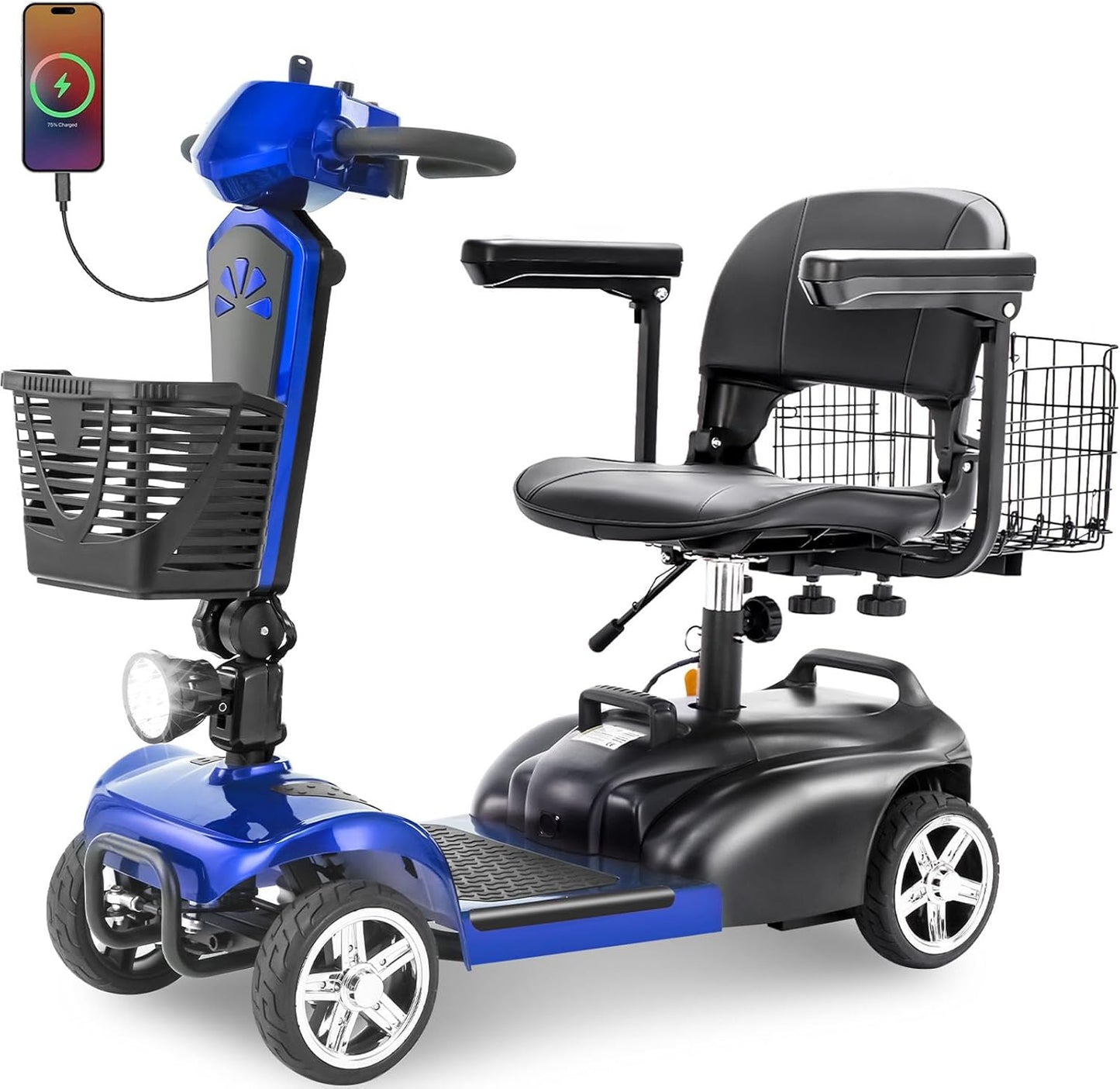 15/30/50Miles Eldryvon EV02 4 Wheels Electric Mobility Scooter for Seniors, Dual Basket, 350W Powered Wheelchair with Rotating Seat, Foldable Motorized Scooter for Adult with USB Port, 300Lbs Capacity