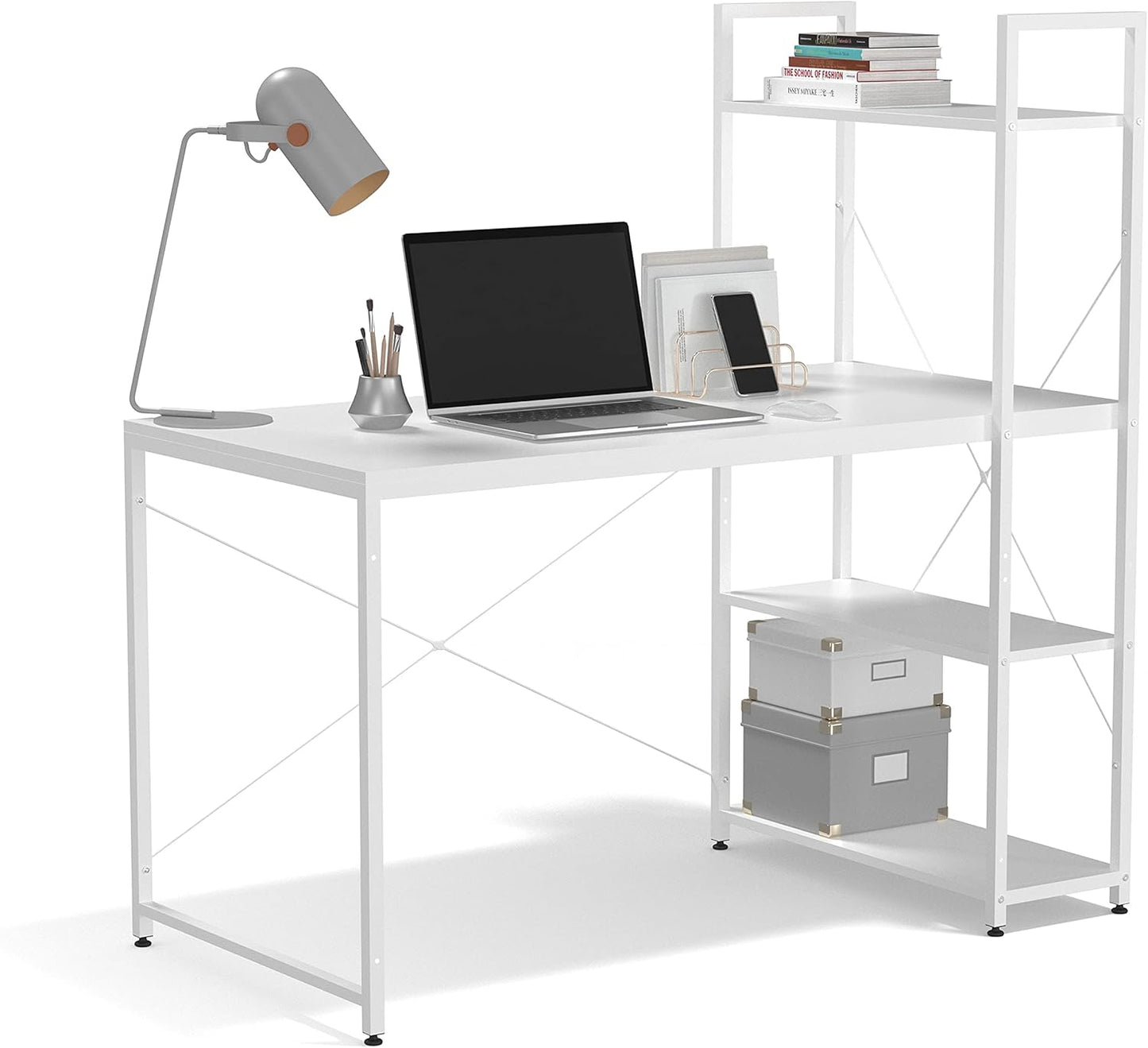Ames 47" Reversible Gaming Computer Desk with Adjustable Shelves, Home Office Desk, Grommet Cable-Management, Leveler Feet, Easy Assembly, White/White