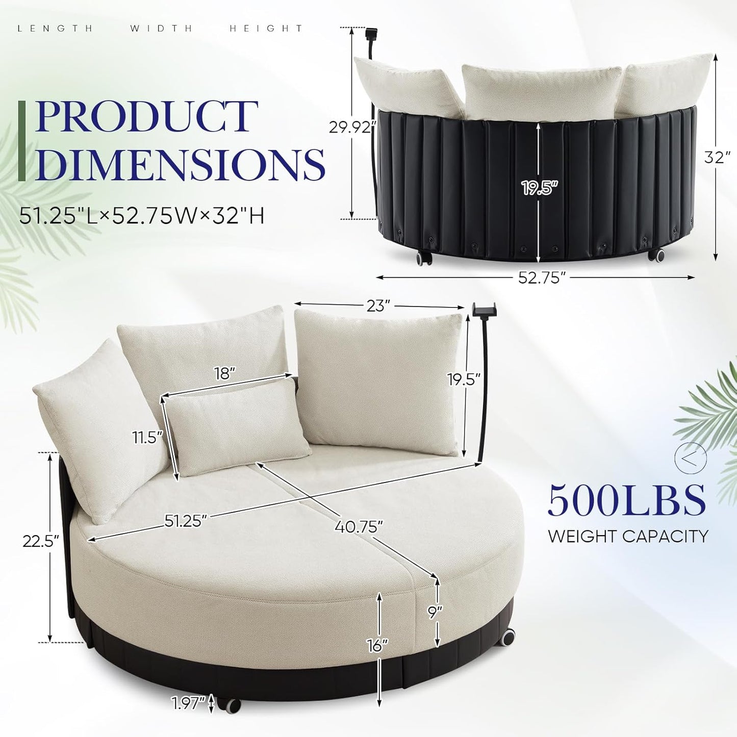 SLEERWAY Oversized Round Swivel Accent Chair, Large Circle Barrel Chair and A Half, Comfy Upholstered Lazy Sofa Couch with Phone Stand/Wheels, Chaise Lounge Daybed for Living Room, Bedroom, Beige