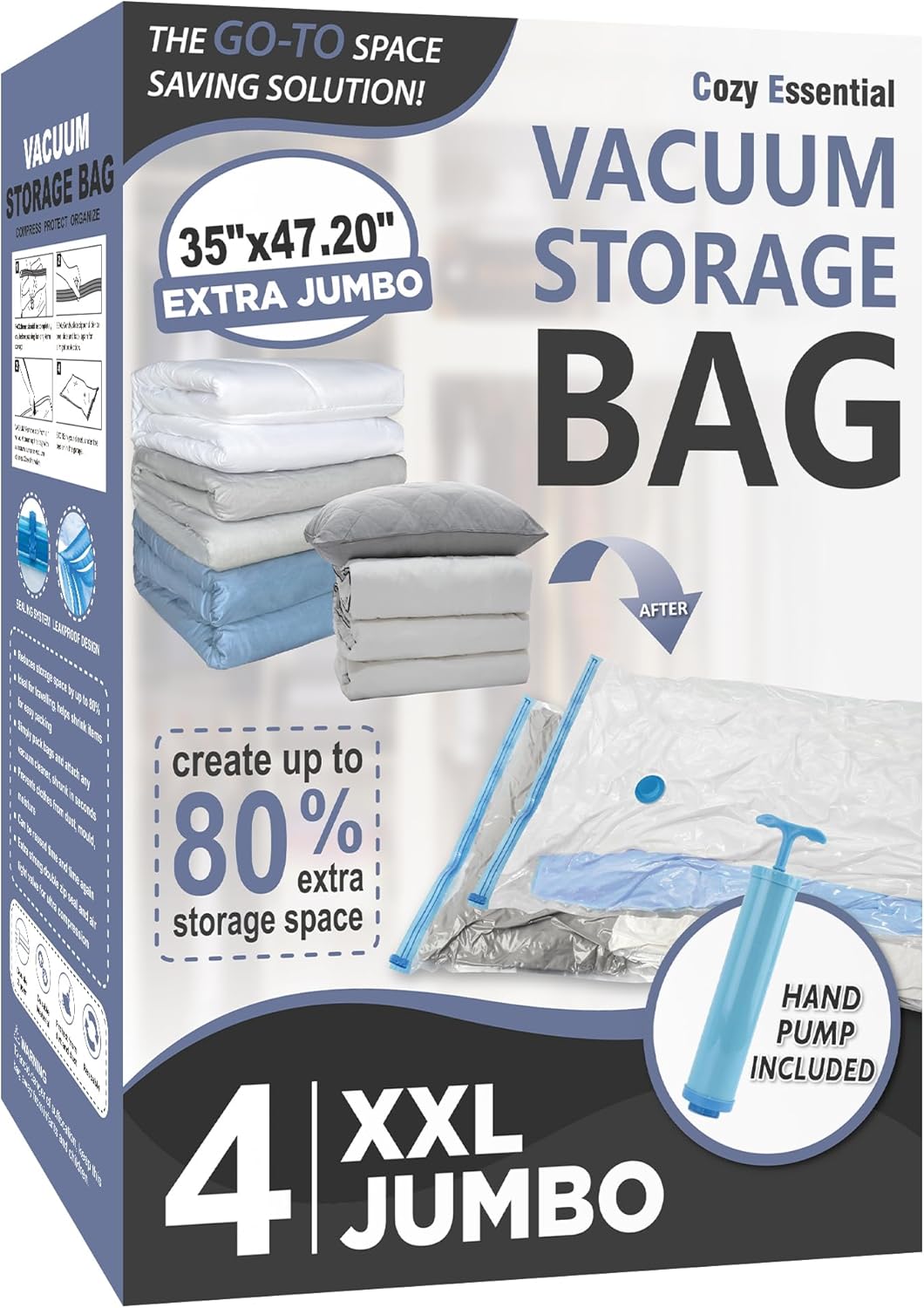 20 Pack Vacuum Storage Bags, Space Saver Bags (4 Jumbo/4 Large/4 Medium/4 Small/4 Roll) Compression for Comforters and Blankets, Sealer Clothes Storage, Hand Pump Included