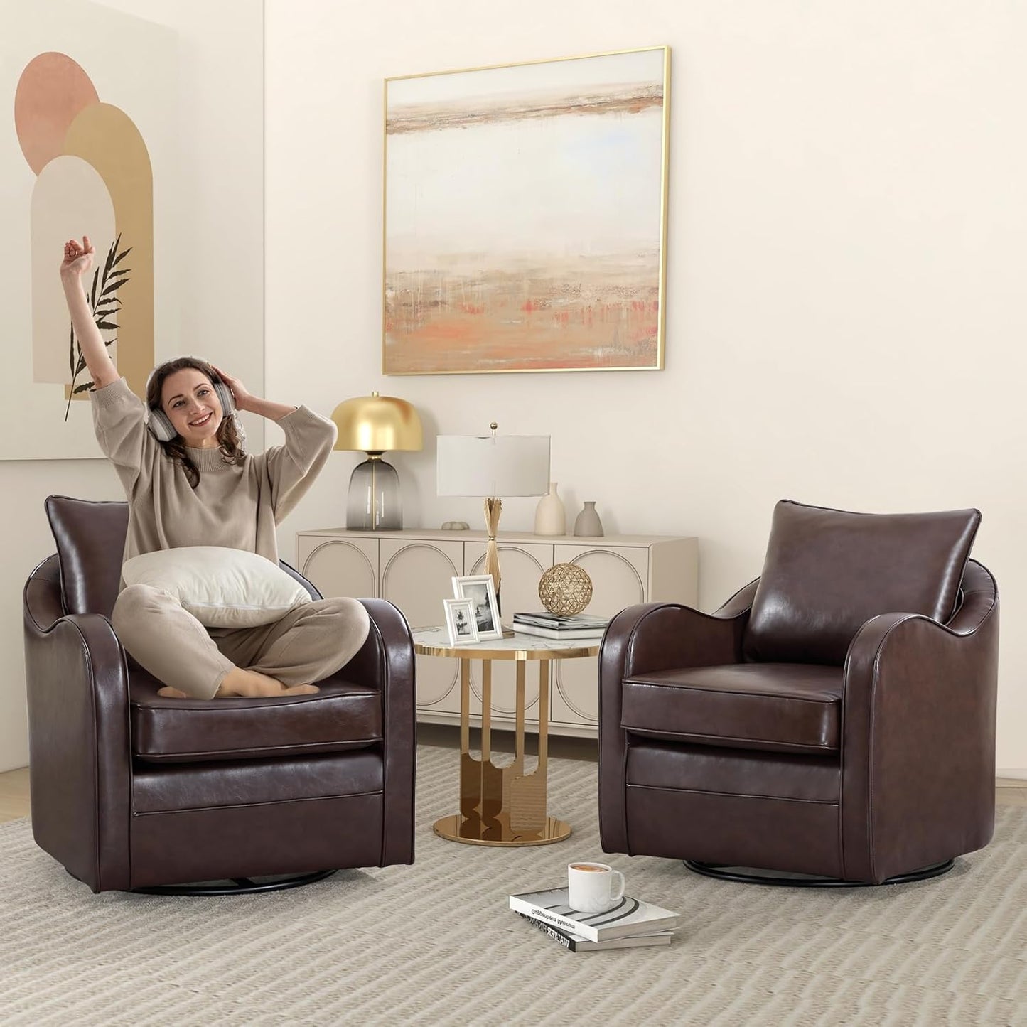 Simore Faux Leather Swivel Barrel Accent Chair Set of 2 for Living Room Bedroom, Comfy Modern Round Swivel Chair with Removable Pillow, Dark Brown