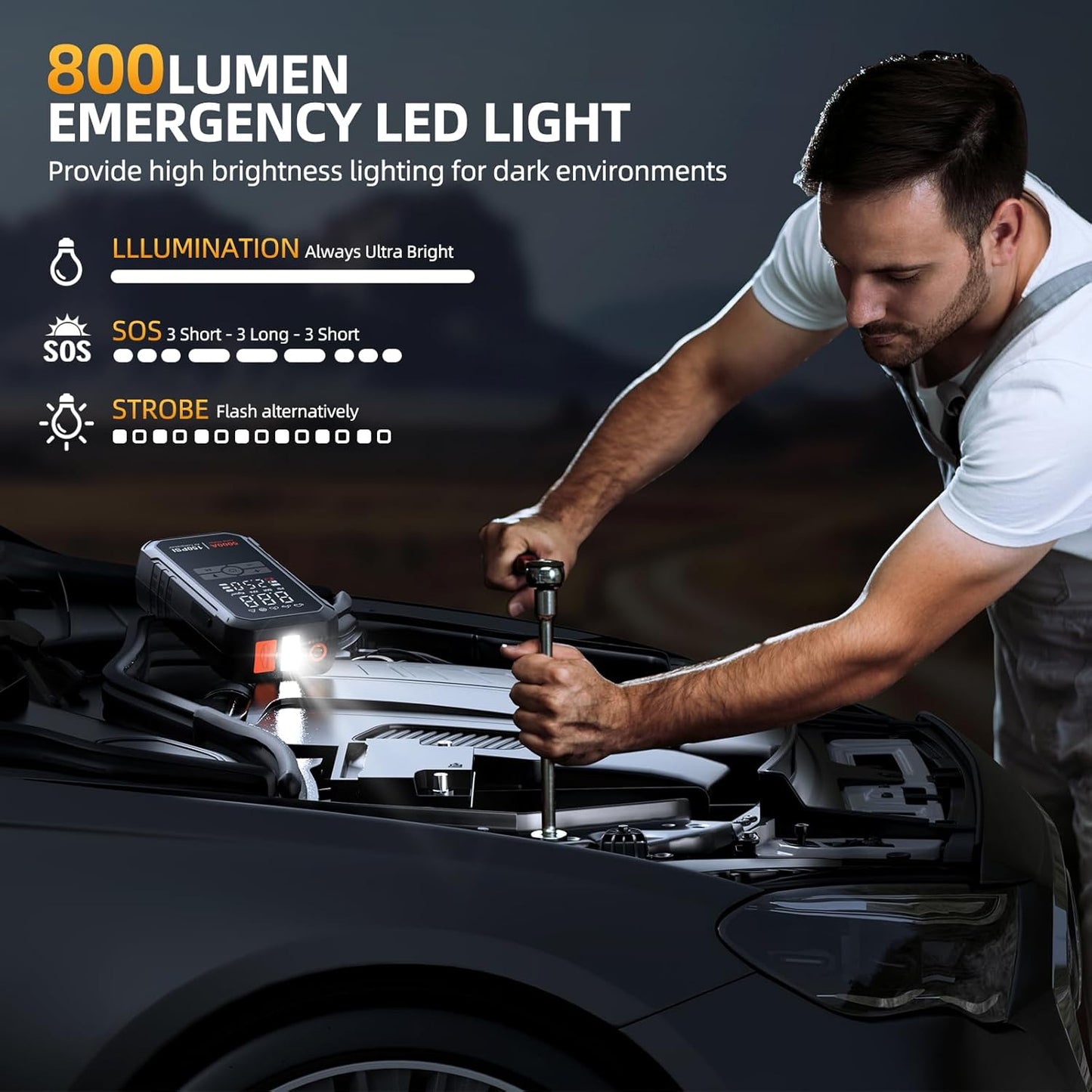 10-in-1 Jump Starter with Air Compressor 5000A 26800mAh 150PSI Portable Car Battery Jump Starter (All Gas/12L Diesel), 12V Jump Box Car Battery Jumper Starter Portable Jumper Cables, Lights