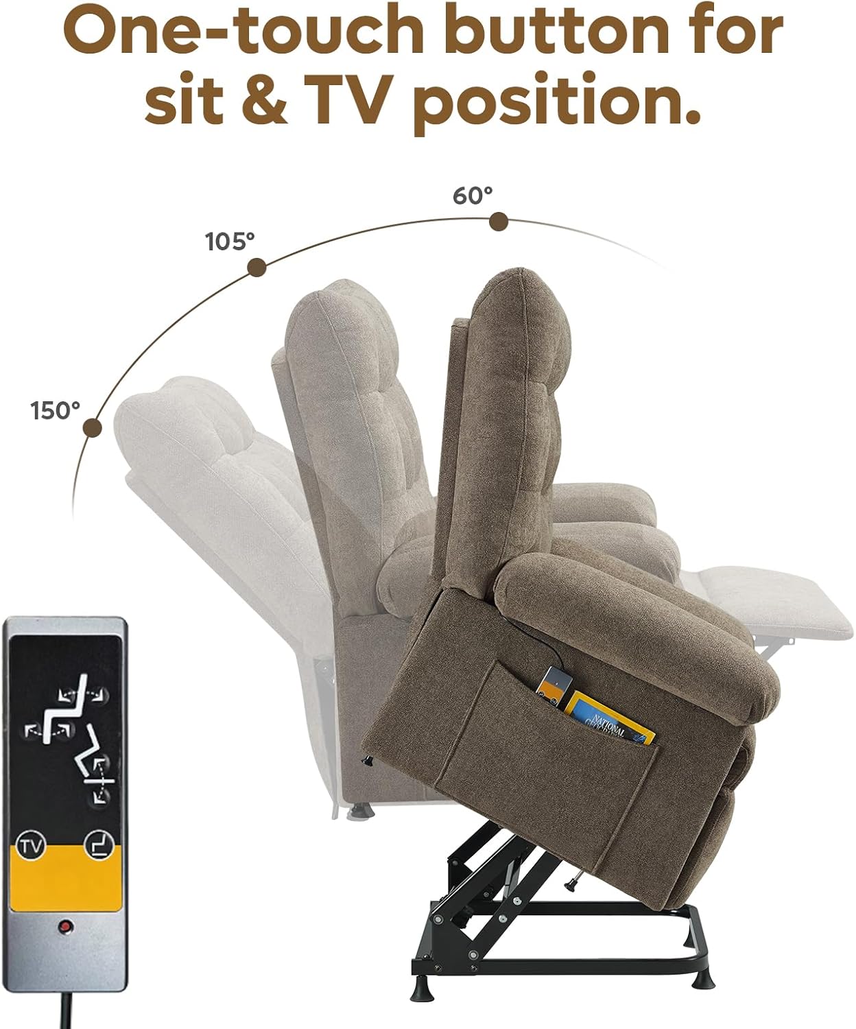 Bestier Triple Motor Power Lift Recliner Chair for Elderly Small with Removable Cover, Lumbar Pillow and Side Pocket, Infinite Positioning for Living Room, Bedroom, Brown