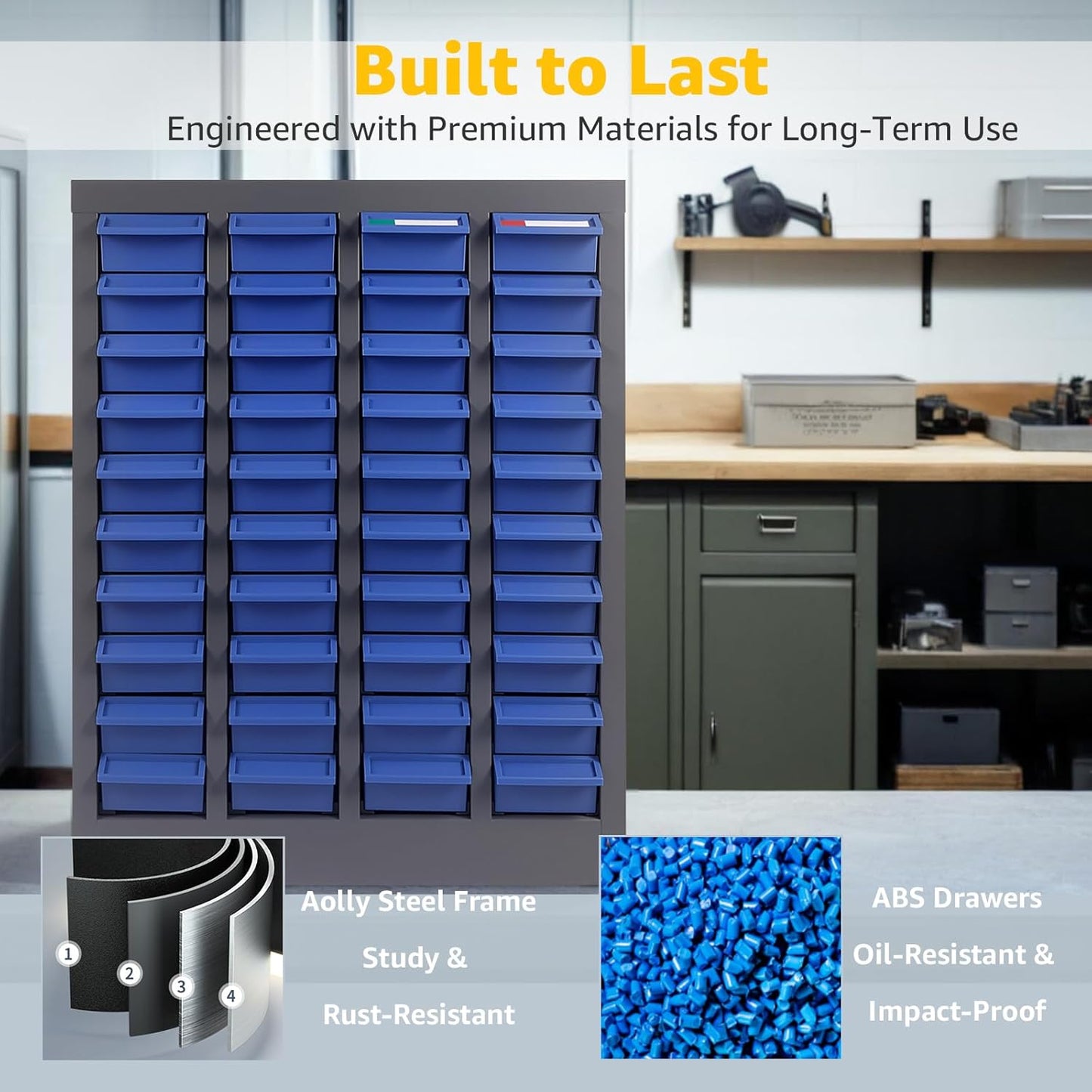 40 Drawer Parts Cabinet Organizer with Dividers and Labels, Alloy Steel Frame, ABS Drawers for Bolts, Nuts, Screws, Tool Storage in Workshop, Garage, or Classroom (40 Drews)