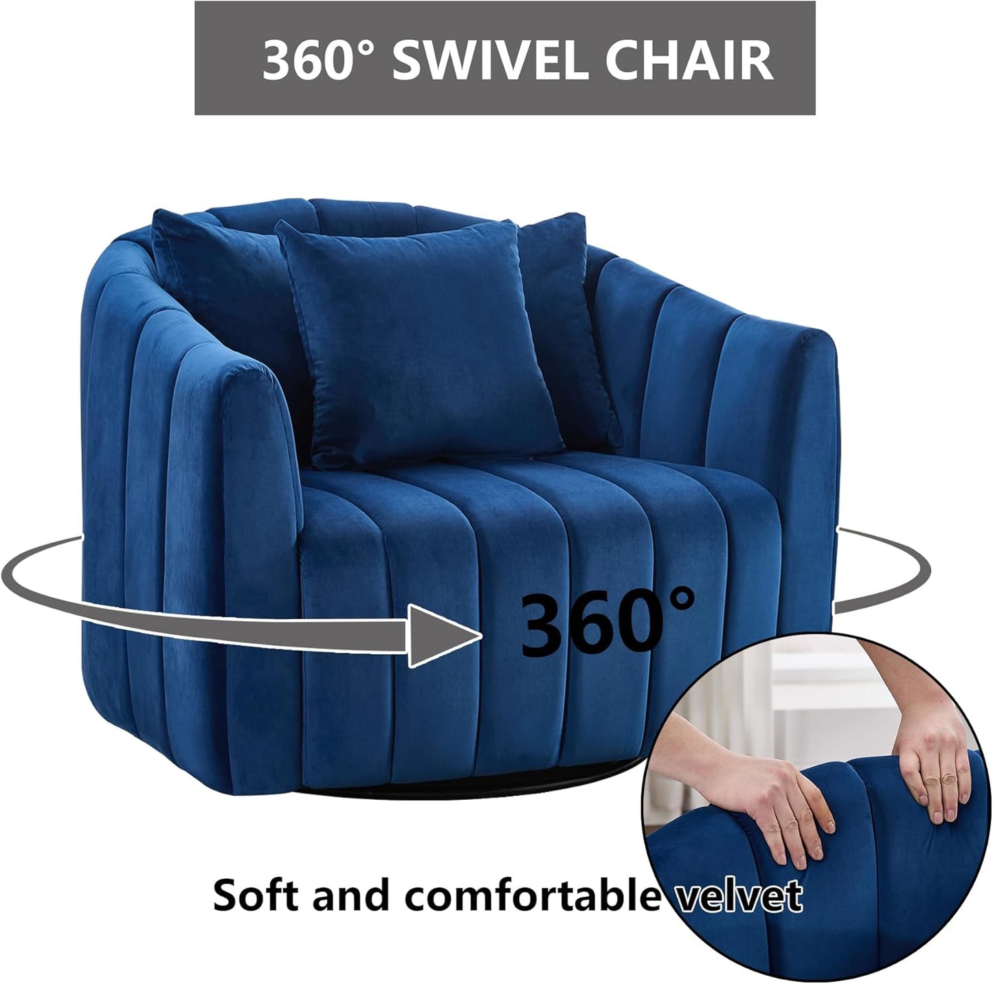 40.35" Oversized Swivel Accent Chairs Navy, with 3 Pillows Velvet Swivel Chairs for Living Room,Modern Barrel Chair