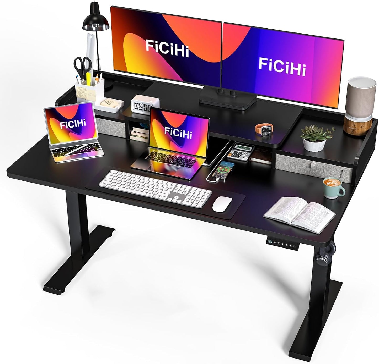 35x20 Inch Standing Desk with Double Drawers, C-Clamp Mount Compatible, Electric Adjustable Height Computer Stand Up Desks, Home Office Sit Stand Table with 3 Preset Heights & 2 Hooks, Black