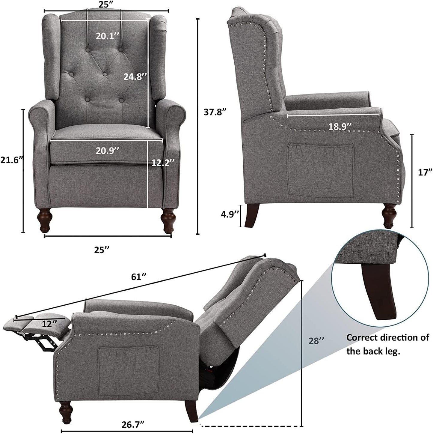 Wingback Recliner Chair Set of 2 with Massage and Heat, Push Back Accent Armchair with Adjustable Backrest, Nailhead Trim, Upholstered Fabric Chair for Living Room, Small Spaces(Light Gray)