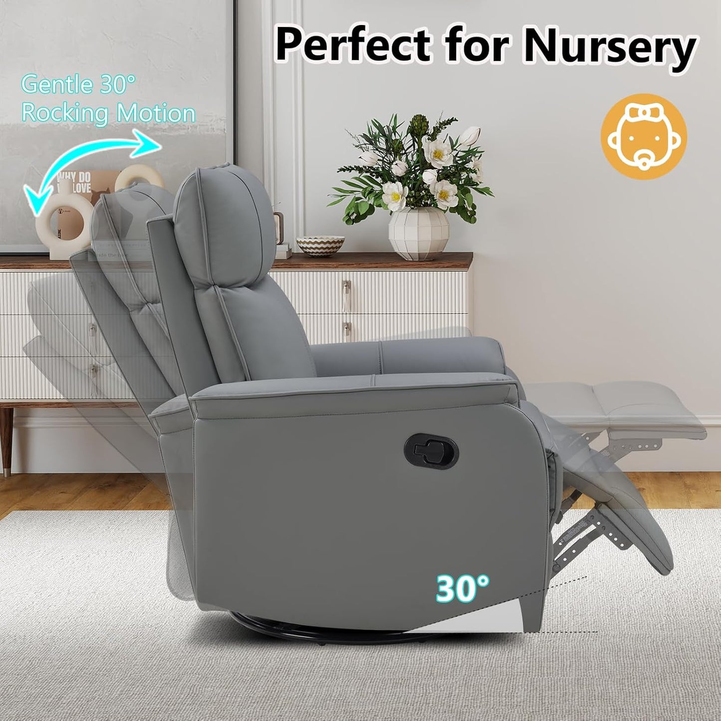 ANJ Recliner Chair, Swivel Rocker Chair for Adults,Glider Recliner Nursery Chair, Leather Manual Lazy Boy Reclining Chairs for Living Room, Bedroom, Home Office