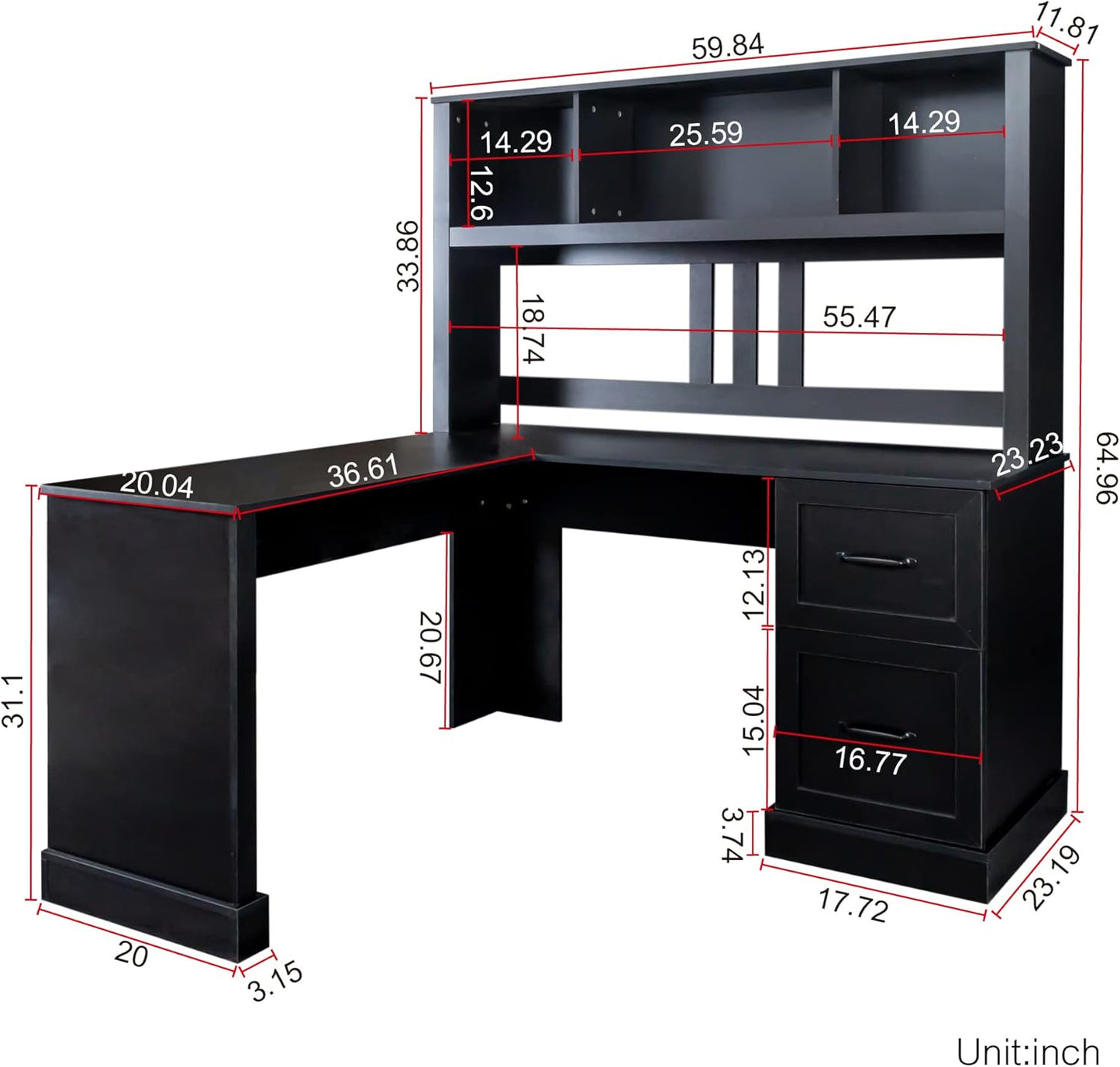 Bellemave L Shaped Desk with Hutch Wood Corner Computer Desk with Storage Drawers and Shelf Modern Home Office Desks L-Shaped Study Table Writing Desk Gaming Desk, Black
