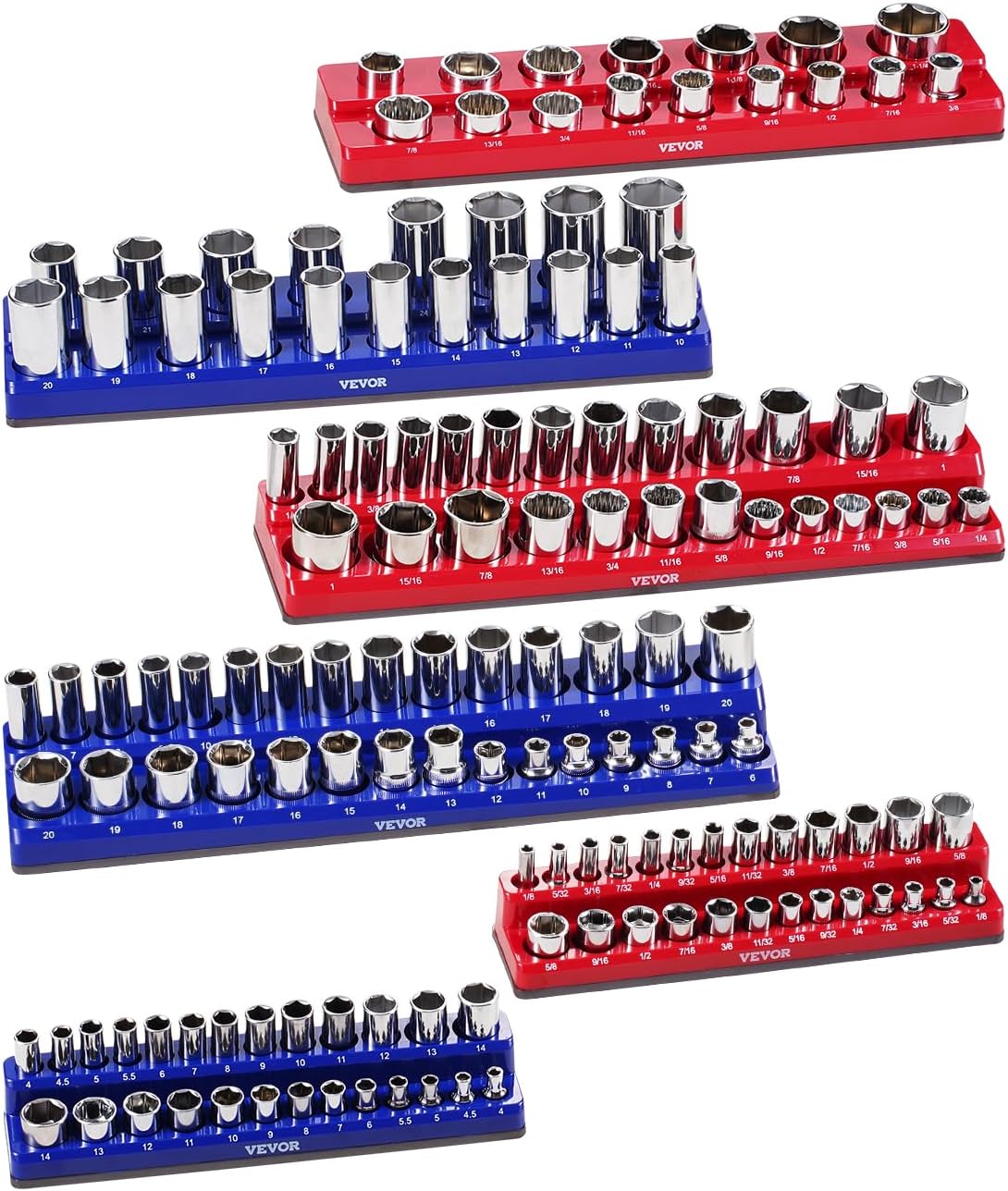 VEVOR Magnetic Socket Organizer Set, 8PCS Socket Holder, 1/4'', 3/8'' & 1/2'' Metric SAE Socket Trays with Clear Labels, Hold up to 199PCS Standard & Deep Sockets, Blaue & Red (Sockets Not Included)