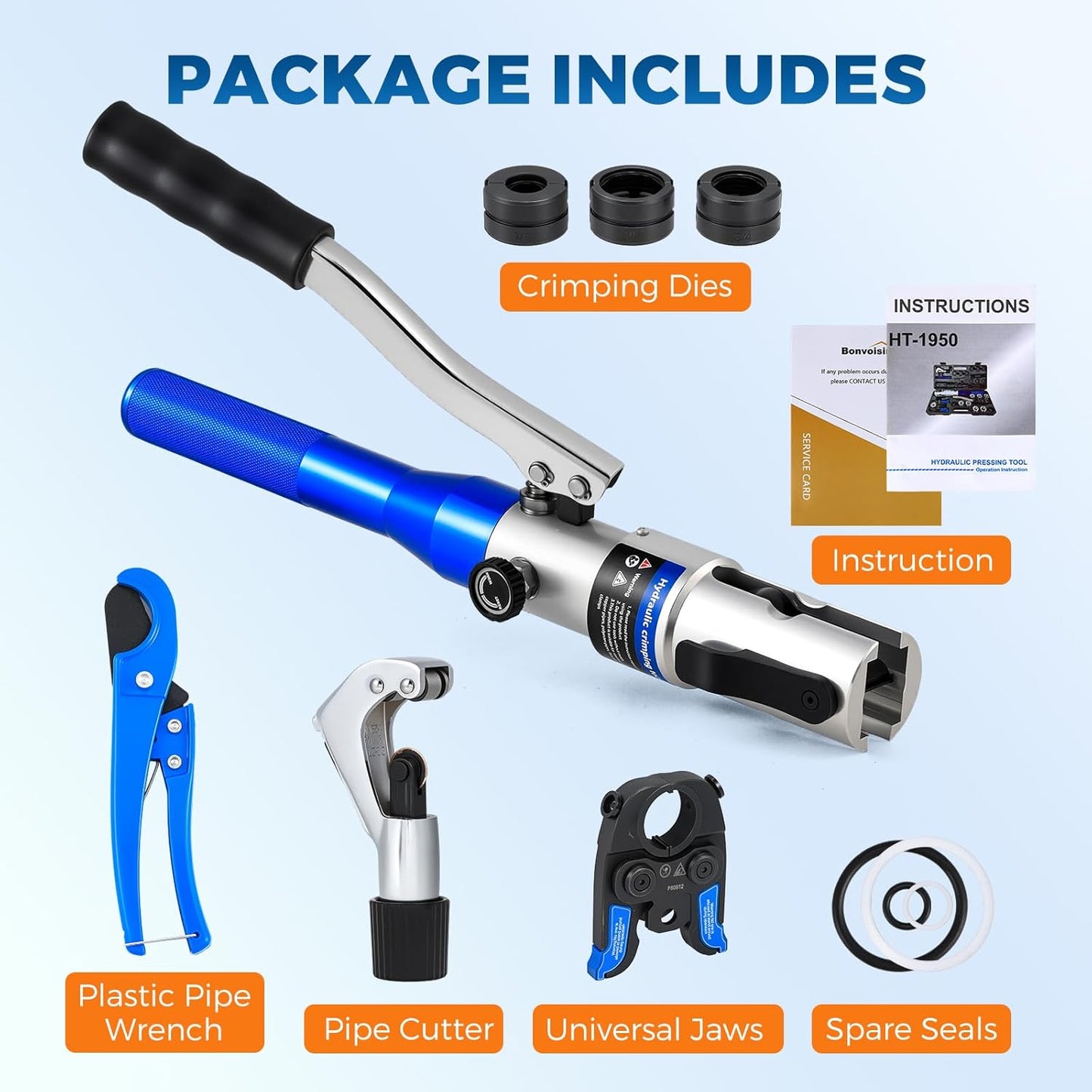 Bonvoisin Copper Pipe Crimping Tool, Hydraulic Crimping Tool With 1/2", 3/4", 1" Jaws, Copper Stainless Tube Fittings Propress Tool