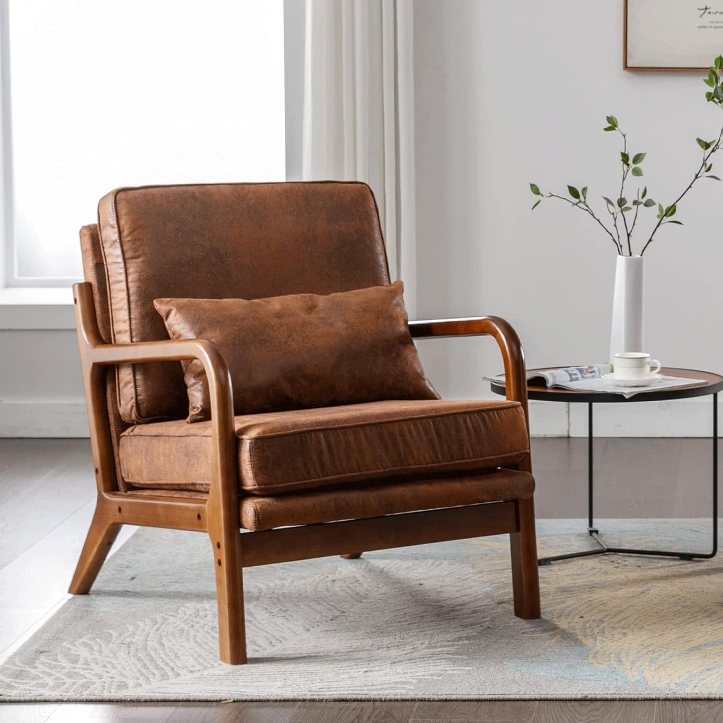 Accent Chair Set of 2- Mid-Century Modern Chairs Living Room Furniture Set Bedroom Reading, Solid Wood Arm Chair Lumber Pillow, Comfy Cushion Ergonomic Lounge Armchair Brown Leather Office Side Chair