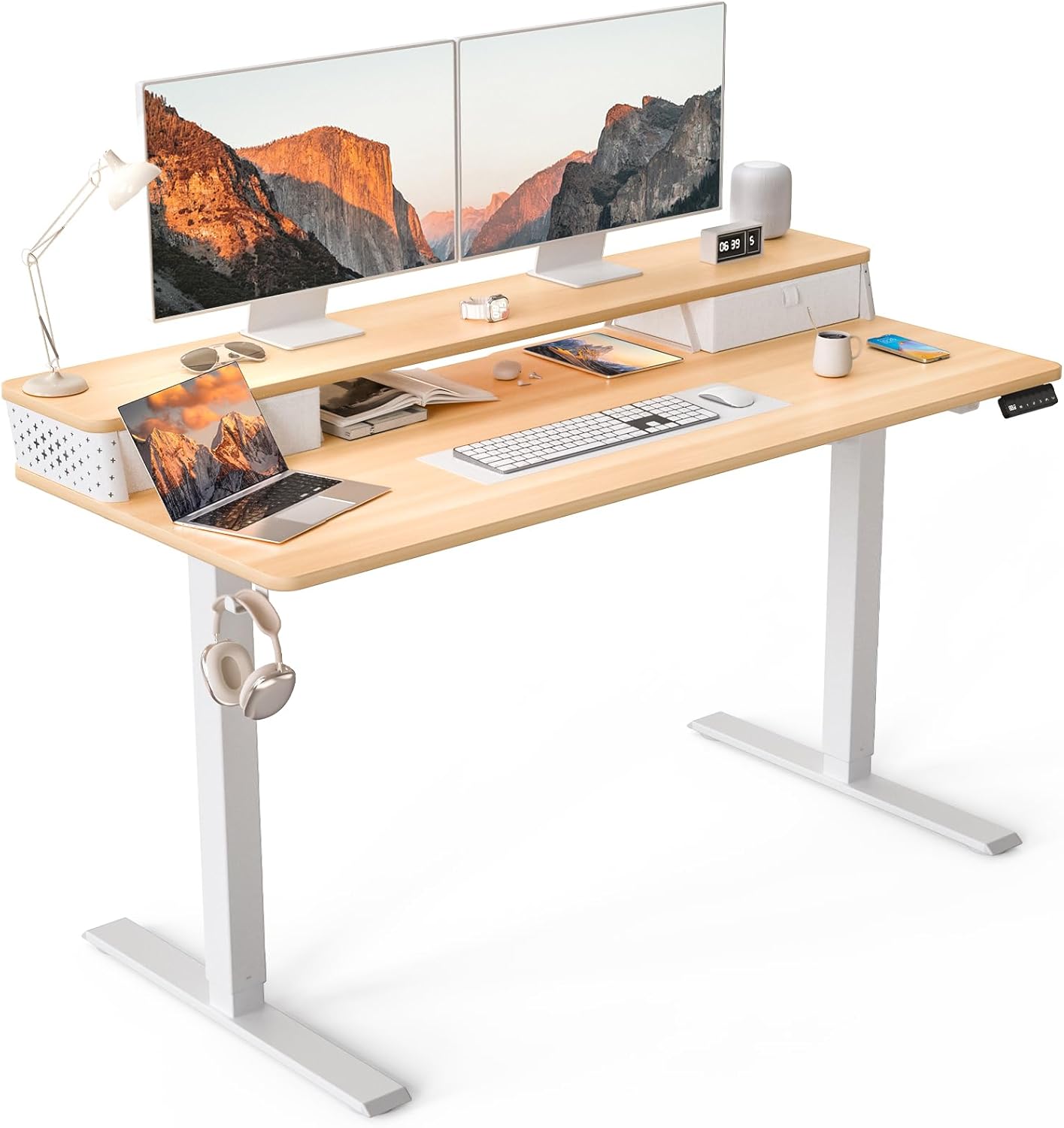 48"x 24" Standing Desk with Drawers, Easy Assembly Design, Adjustable Height Sit Stand Up Desk, Home Office Table with C-Clamp Mount Compatible, 3 Preset Heights & 2 Hooks(Rustic Brown)