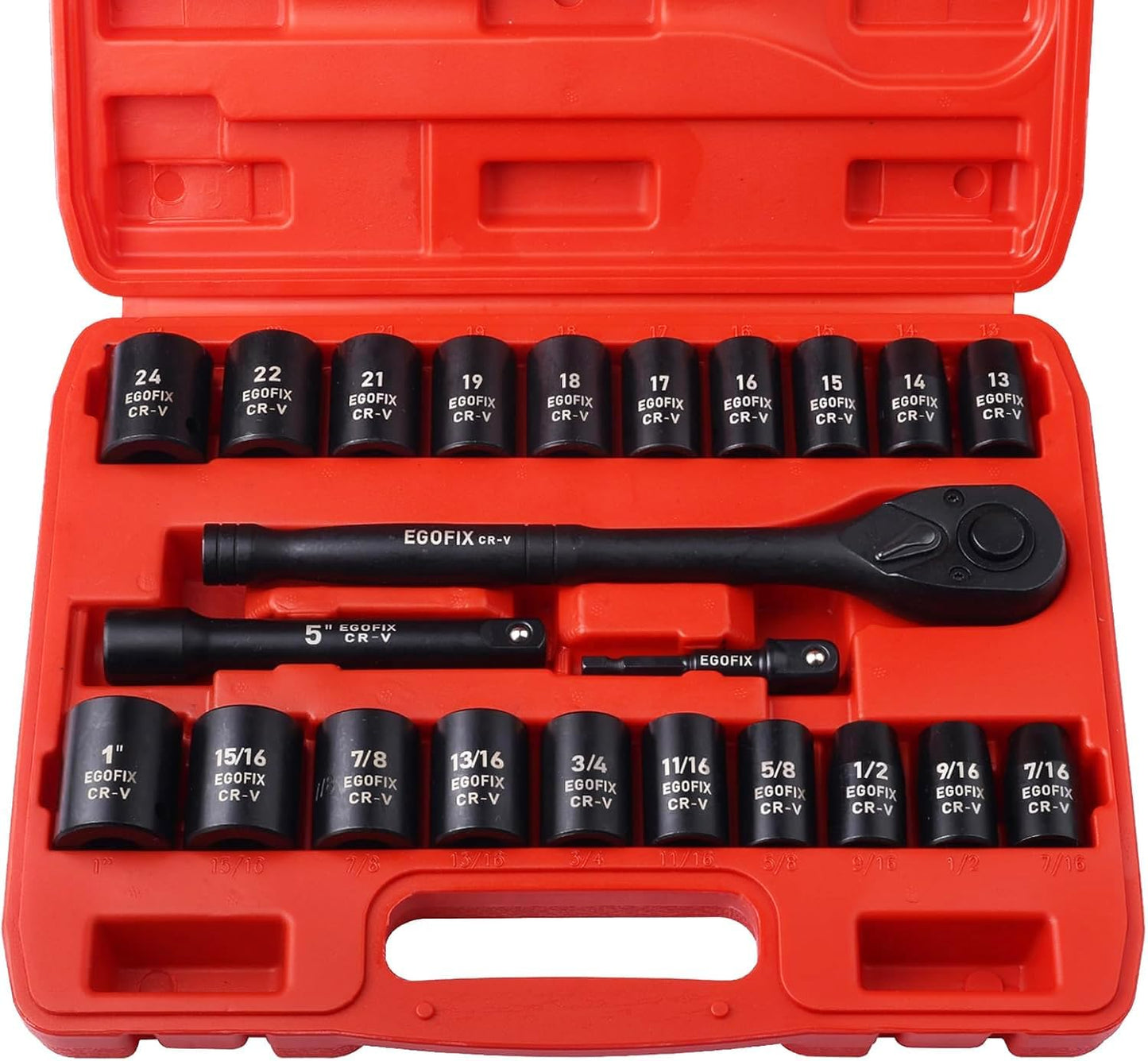 3/8" Drive Impact Socket Set, 50 Piece Standard SAE (5/16 to 3/4 inch) and Metric (8-22mm) 6 Point, with Adjustable Ratchet Handle, Extension Bars, Impact Universal Joint, Adapter, Cr-V Steel