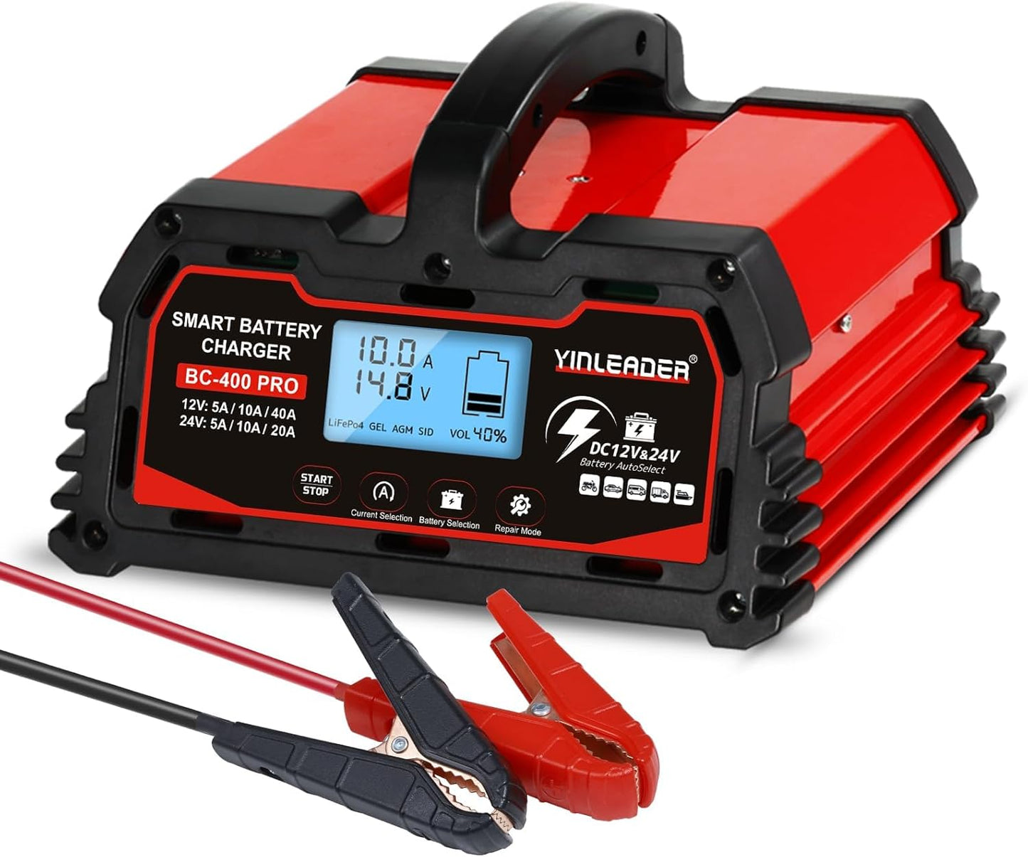 Battery Charger 25A, 12V/24V Lead Acid Smart Battery Charger, 12V LiFePO4 Car Battery Trickle Charger, Automatic Battery Maintainer for Car Motorcycle Lawn Mower Marine Boat Lead Acid Batteries