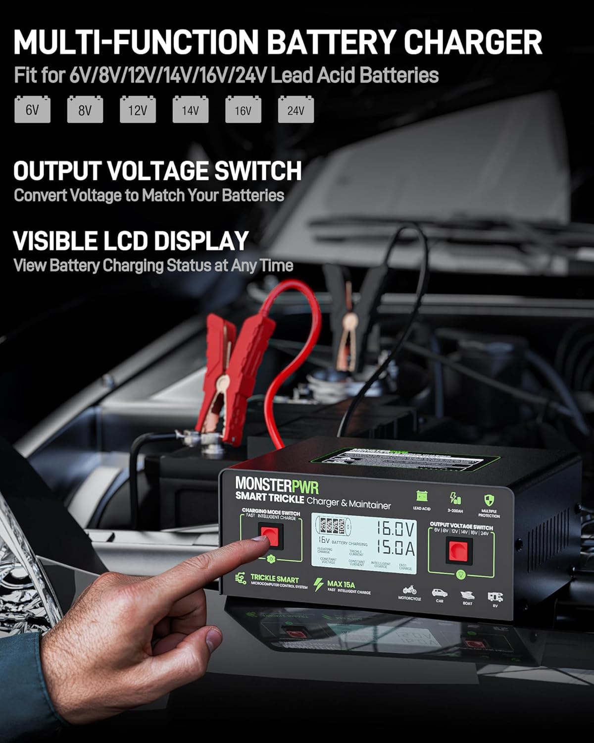 Battery Charger 6V/8V/12V/14V/16V/24V for Lead Acid Batteries, 0-15A Adjustable Smart Trickle Charger Onboard Battery Desulfator Maintainer for Golf Cart Car Motorcycle Lawn Mower Marine RV