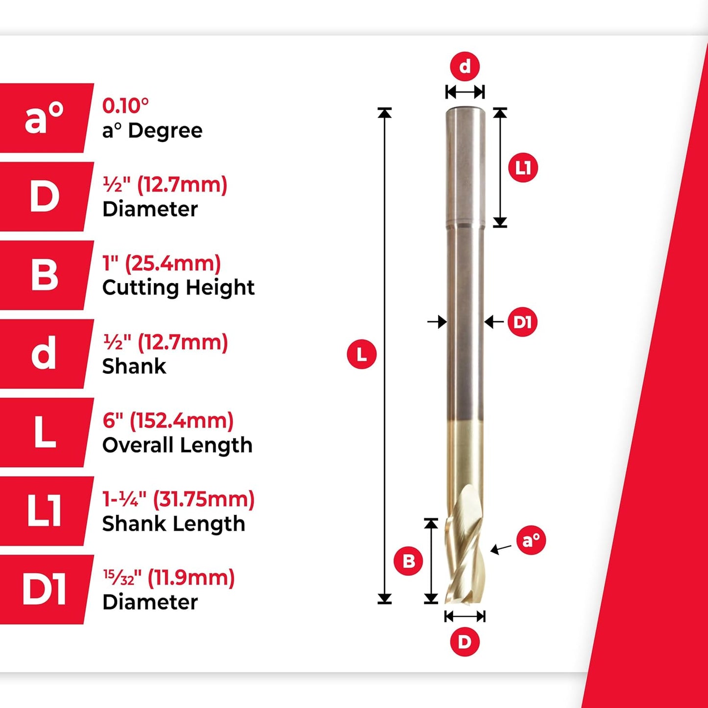 Amana Tool Extra Long CNC 2D and 3D Carving Flat Bottom 0.10 Deg Straight Router Bit, ZrN Coated, 46593, 1/2 Dia x 1 x 1/2 Shk x 6 Inch L x 3 Fl