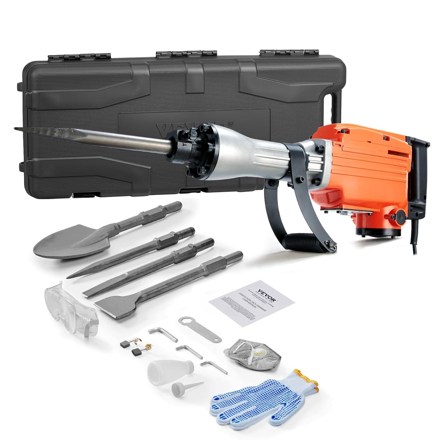 VEVOR Demolition Jack Hammer, 1350 BPM Concrete Breaker 6pcs Chisels Bit Chipping with Case, 2200W Electric Jackhammer Heavy Duty, Black