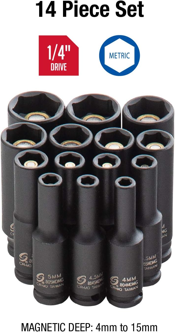 SUNEX TOOLS 1831, 1/4 Inch Drive Deep Magnetic Impact Socket Set, 14-Piece, Metric, 4mm - 15mm, Cr-Mo Alloy Steel, Heavy Duty Storage Case, Meets ANSI Standards
