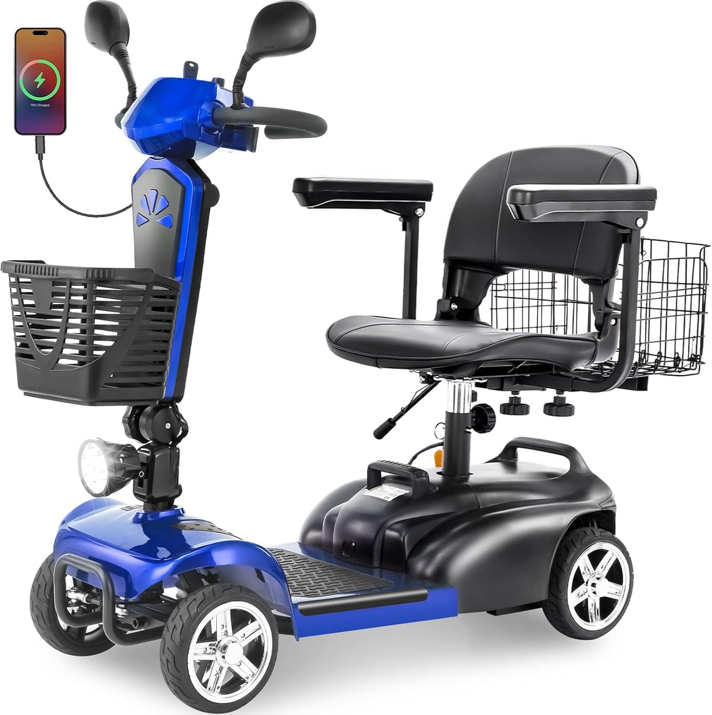 15/30/50Miles Eldryvon EV02 4 Wheels Electric Mobility Scooter for Seniors, Dual Basket, 350W Powered Wheelchair with Rotating Seat, Foldable Motorized Scooter for Adult with USB Port, 300Lbs Capacity