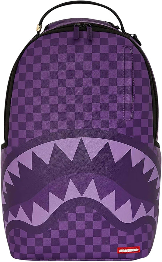 Sprayground Purple Shark Backpack, 18x6x11.5 Inches, Durable Water-Resistant Faux Leather, Laptop Compartment, Ergonomic Padding, Gold Hardware