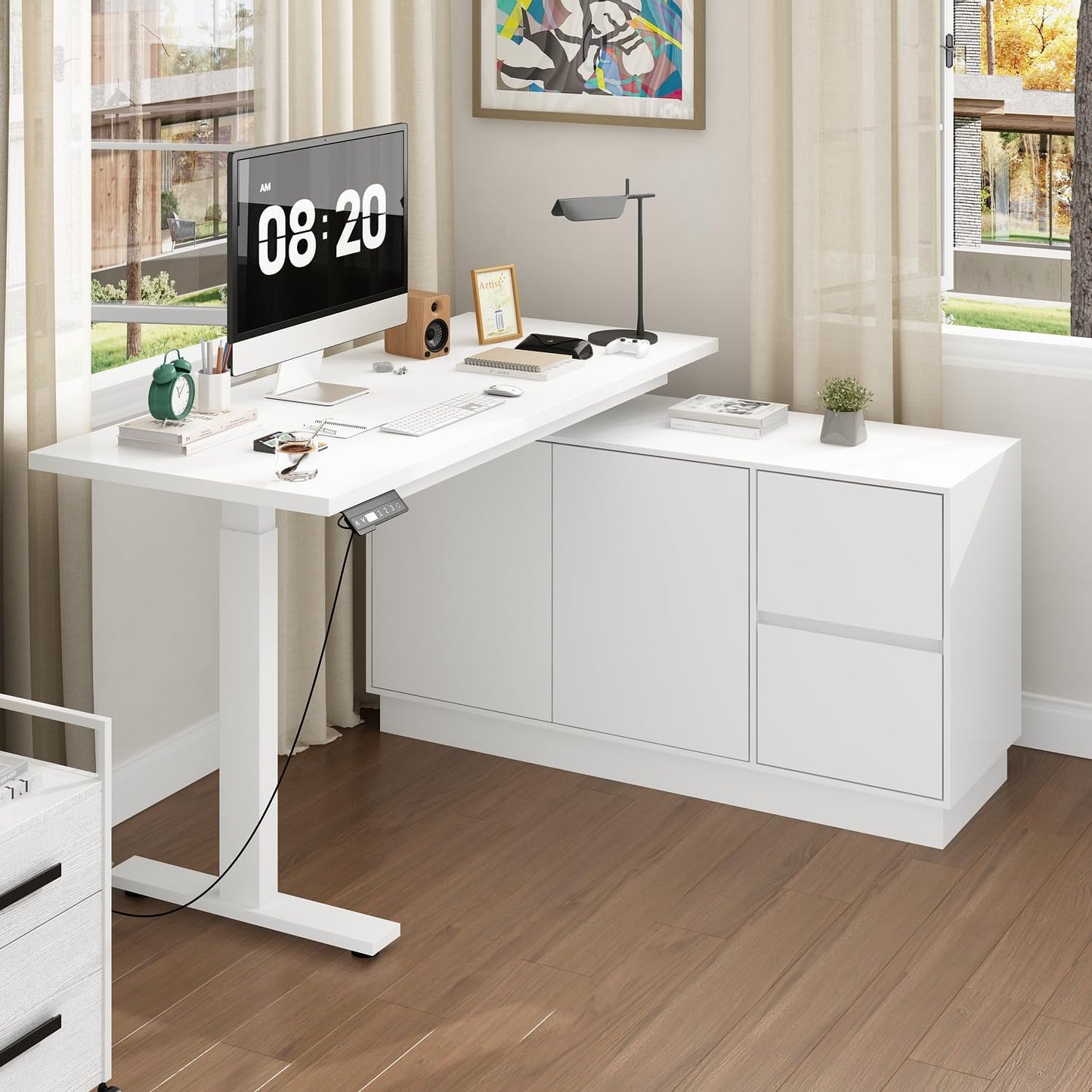 54.3" L Shaped Electric Standing Desk with File Cabinet, Height Adjustable Stand up Desk with Drawers, Home Office Computer Gaming Table, White