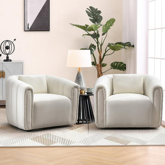 Bonzy Home Swivel Barrel Chair, Modern Velvet Swivel Accent Chair with Channel Tufting, Soft Upholstered Armchair for Living Room Bedroom Office (White, 2 Pack)