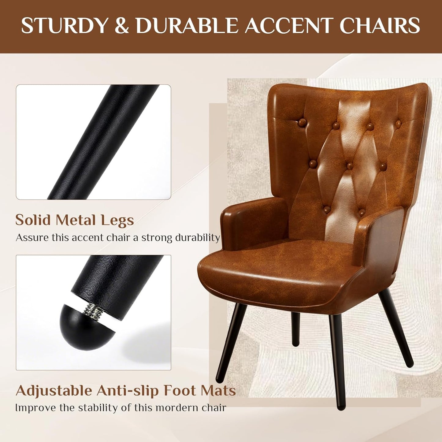 TLSUNNY PU Brown Accent Chair, Comfy Upholstered Armchair with Metal Legs, High Backrest Living Room Chair, Wingback Chair Mid Century Modern for Living Room/Vanity/Bedroom (2 pcs)