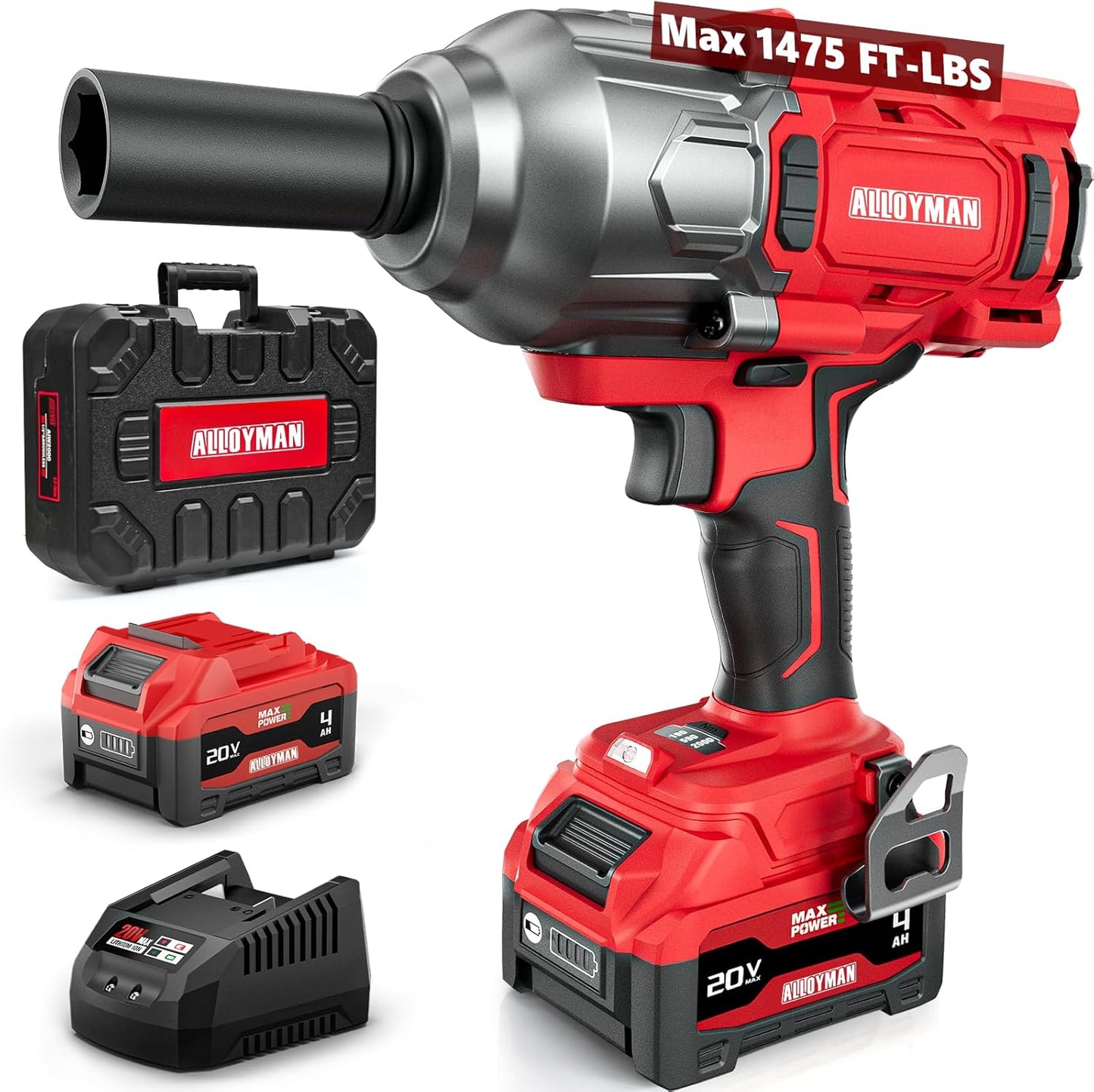 Alloyman 1/2 inch Impact Wrench Cordless, (750 N.m) 555 Ft-lbs Hight Torque Wrench,20V Power Impact Driver, Brushless Motor 2000 RPM, 2x 4.0AH Li-ion Battery,Charger,6 Sockets,3 Extension Bars