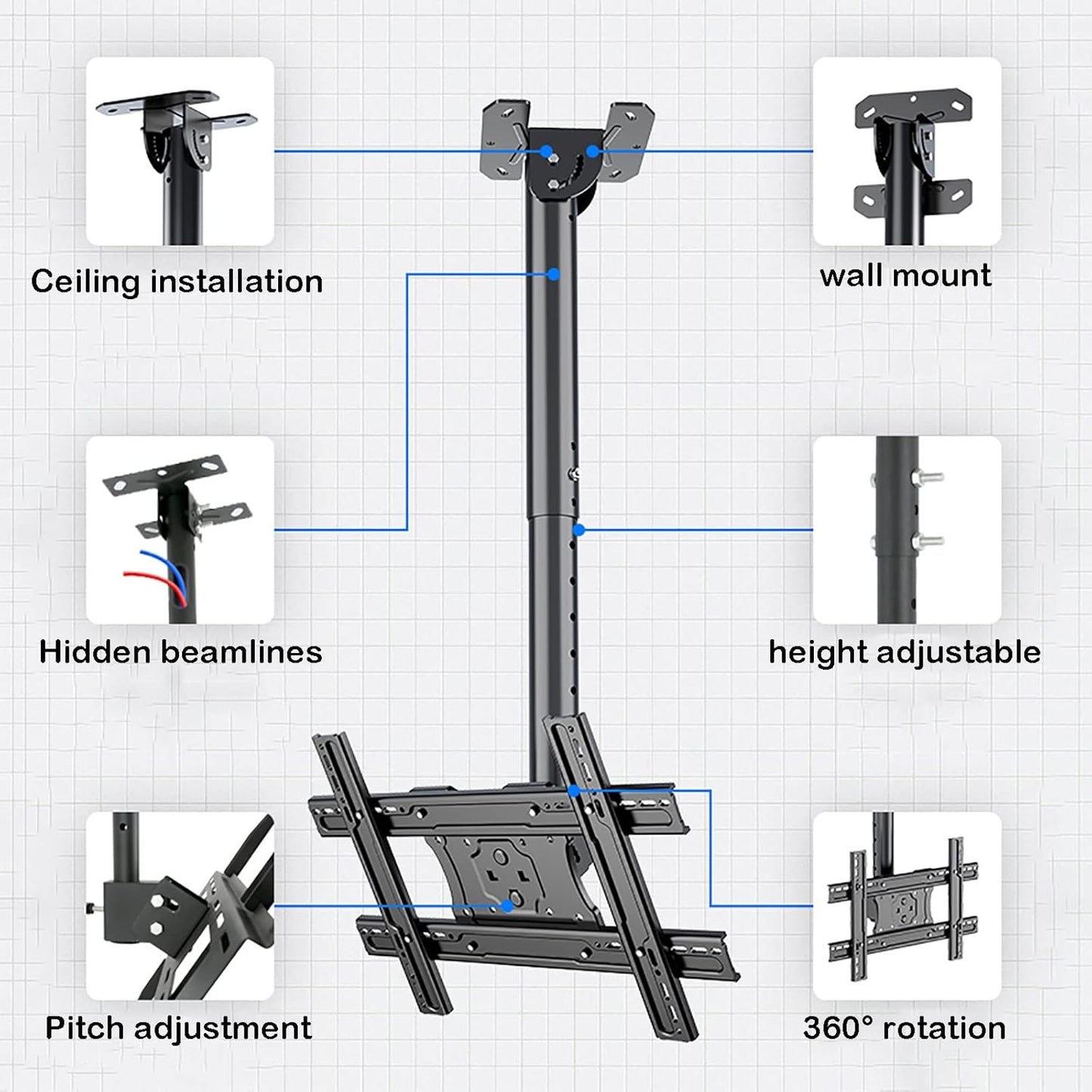 Universal TV Stand TV Ceiling Mount, Ceiling TV Bracket for 32-75 Inch TVs Up to 60kg\/132 Lbs, Full Motion Height Adjustable Swivel Tilting Bracket (Size : 2m) (OneColor 2m)