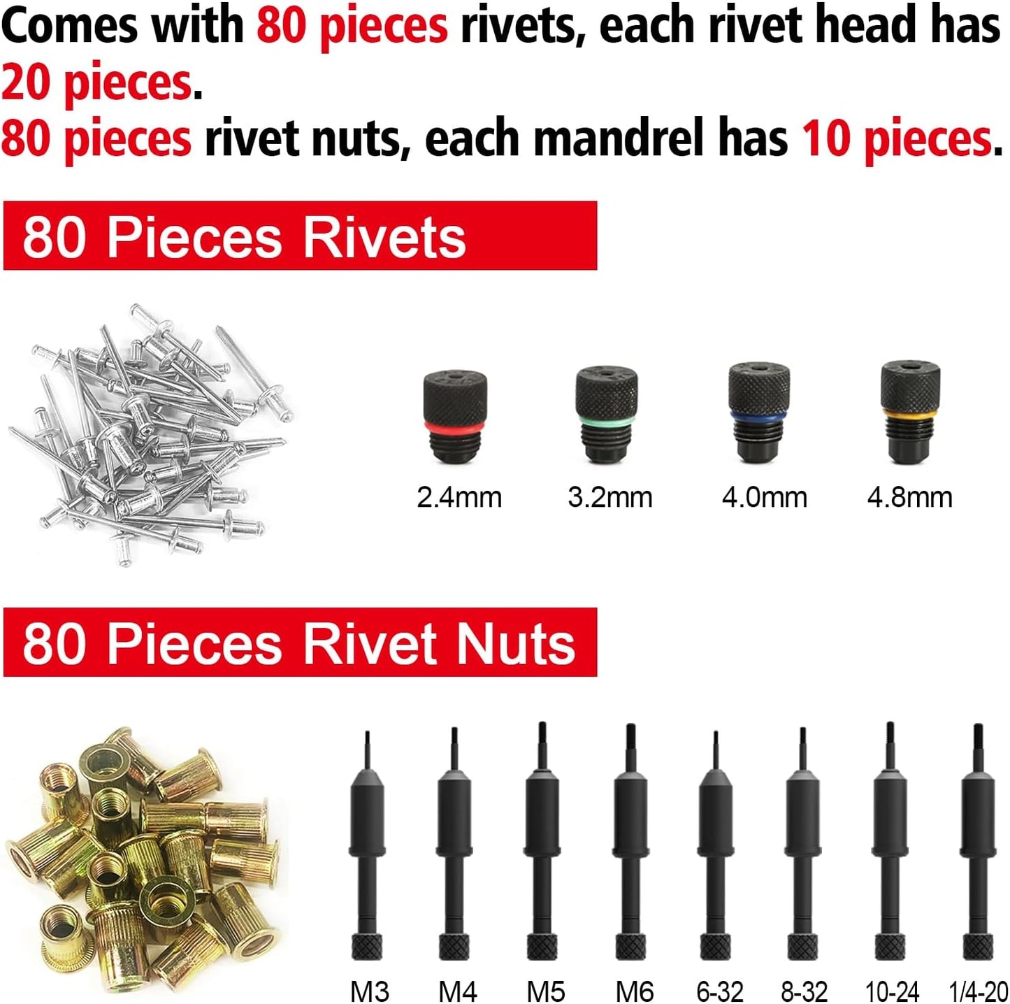 2 in 1 Rivet Nut Tool, Rivet Gun, 360° Swivel Head Multi-Application Tool with 4 Rivet Heads and 8 Metric & SAE Mandrels, Hand Riveter Tool with 80 Rivets and 80 Rivet Nuts, Designed for Tight Space