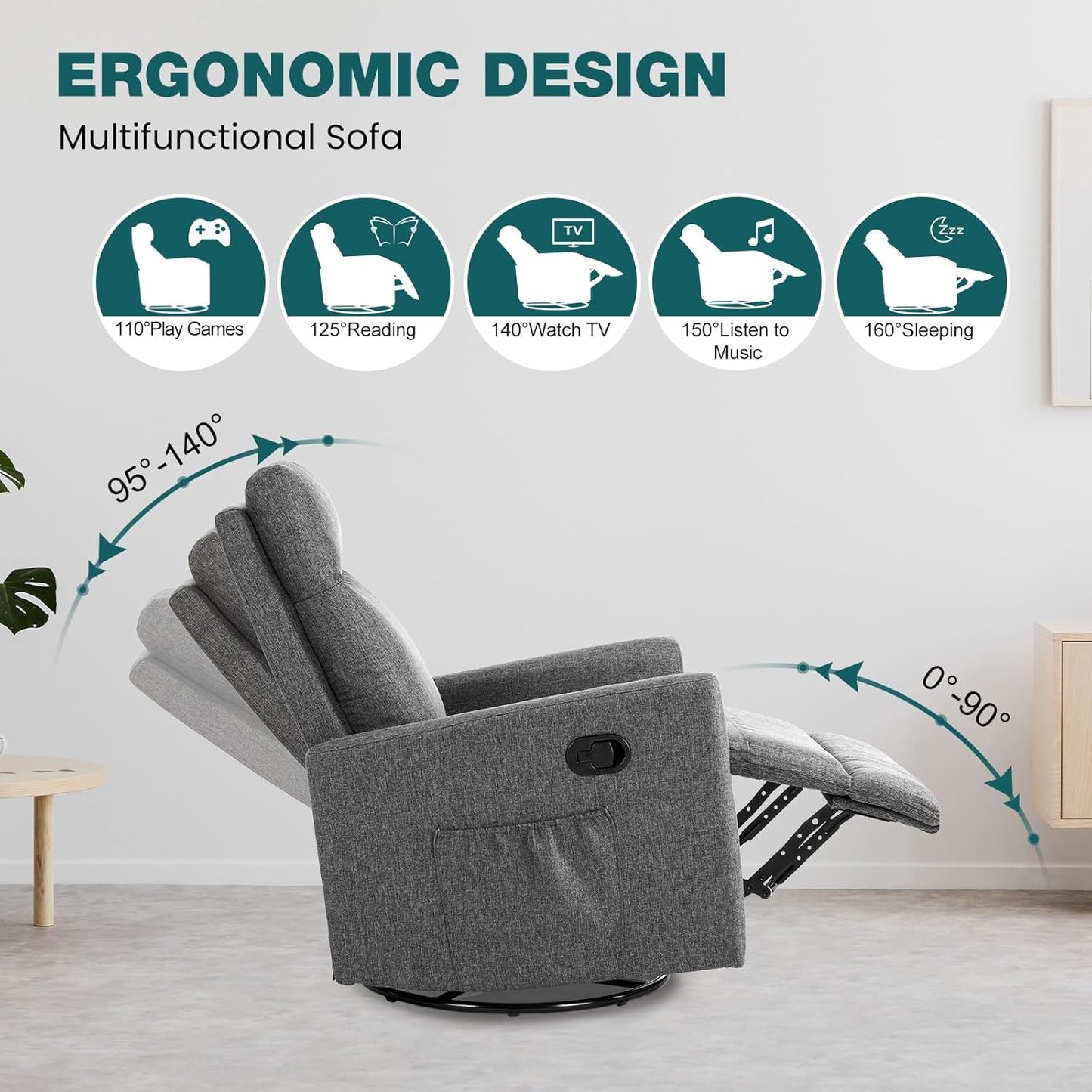 SMUG Swivel Rocking Recliner Chair with Extra Large Footrest High Back, Upholstered Glider Nursery Chair for Living Room, Bedroom & Nursery, Comfortable Deep Seat for Relaxation, Grey