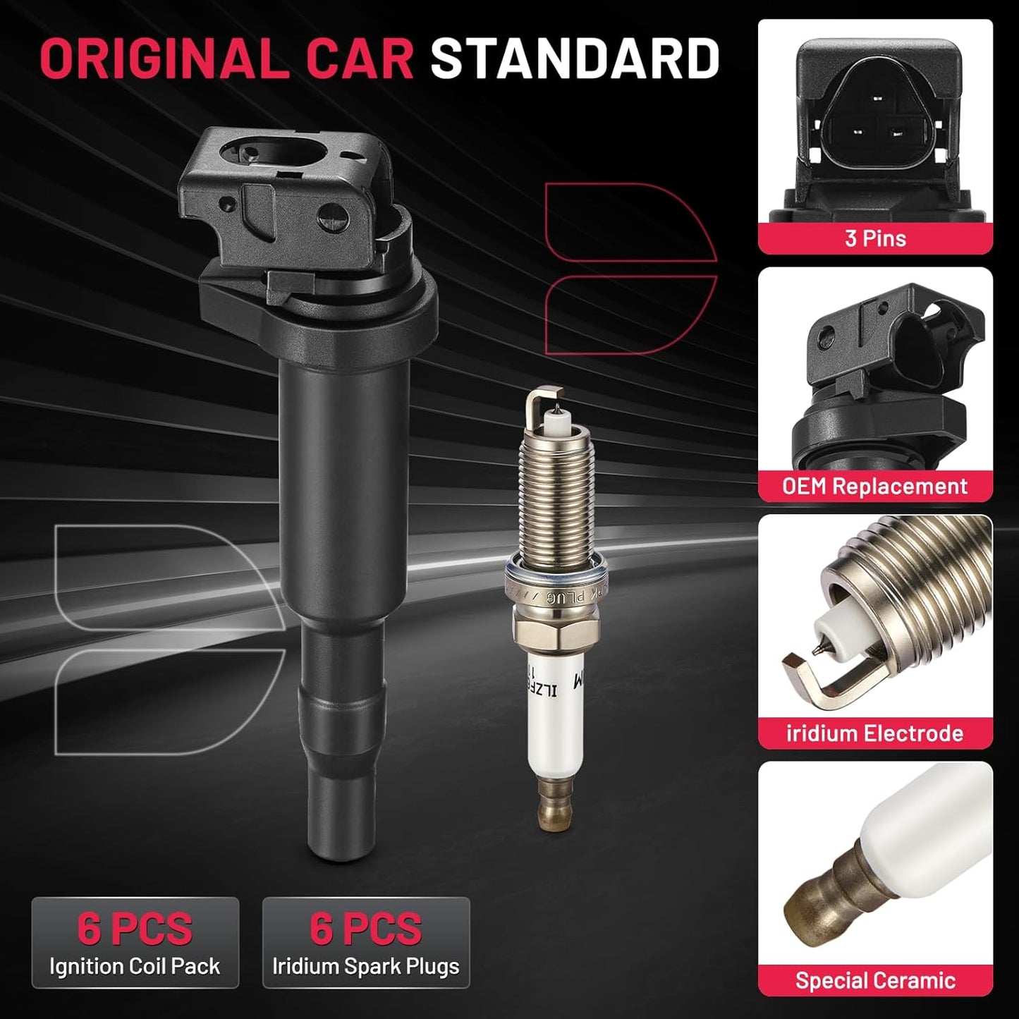 BDFHYK Ignition Coil Pack and Double Iridium Platinum Spark Plugs Compatible with BMW 328i xDrive 528i X3 525i 530i 325i 325xi 330i 330xi X3 Z4 X5 3.0L 2.5L L6 0221504470 12120032137 UF592, Sets of 6