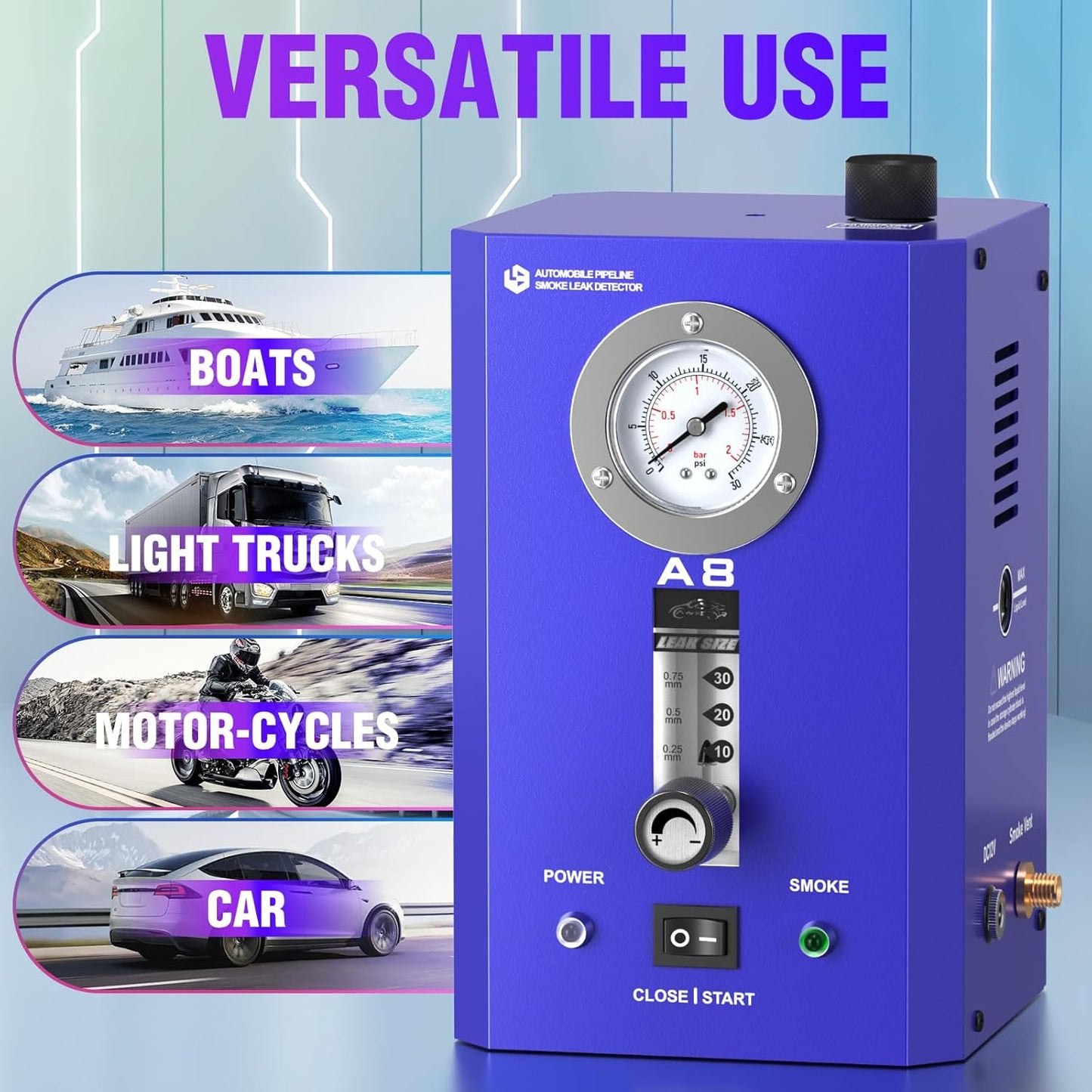 Automotive Smoke Machine Leak Detector, EVAP Smoke Machine Leak Tester for All 12V DC Vehicles in Vacuum, Fuel Diagnostic Pipe System, Built-in Air Pump and Pressure Gauge, Flow Meter Dual Mode
