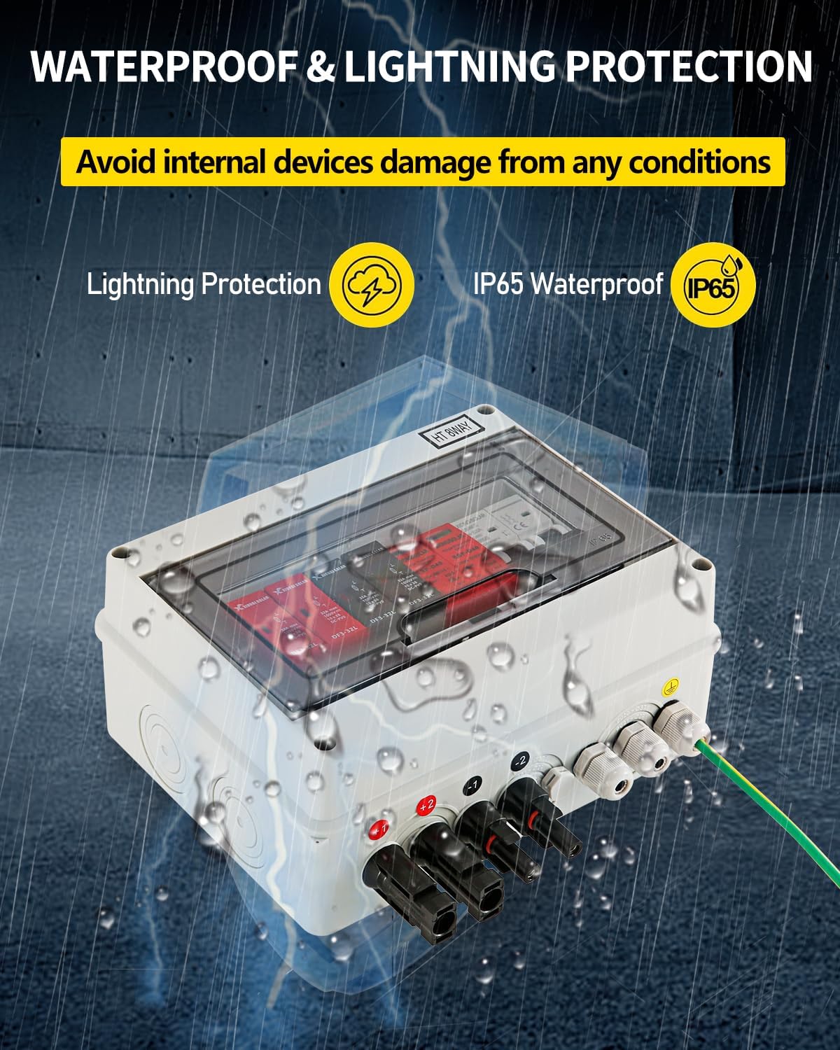 VOU 600V Solar DC PV Combiner Box,2 String with Lightning Arrester Connector for On/Off Grid Solar Panel System,2 Input 1 Out 15A Rated Current Fuse,63A Circuit Breaker,IP65 Waterproof,MCB,SPD