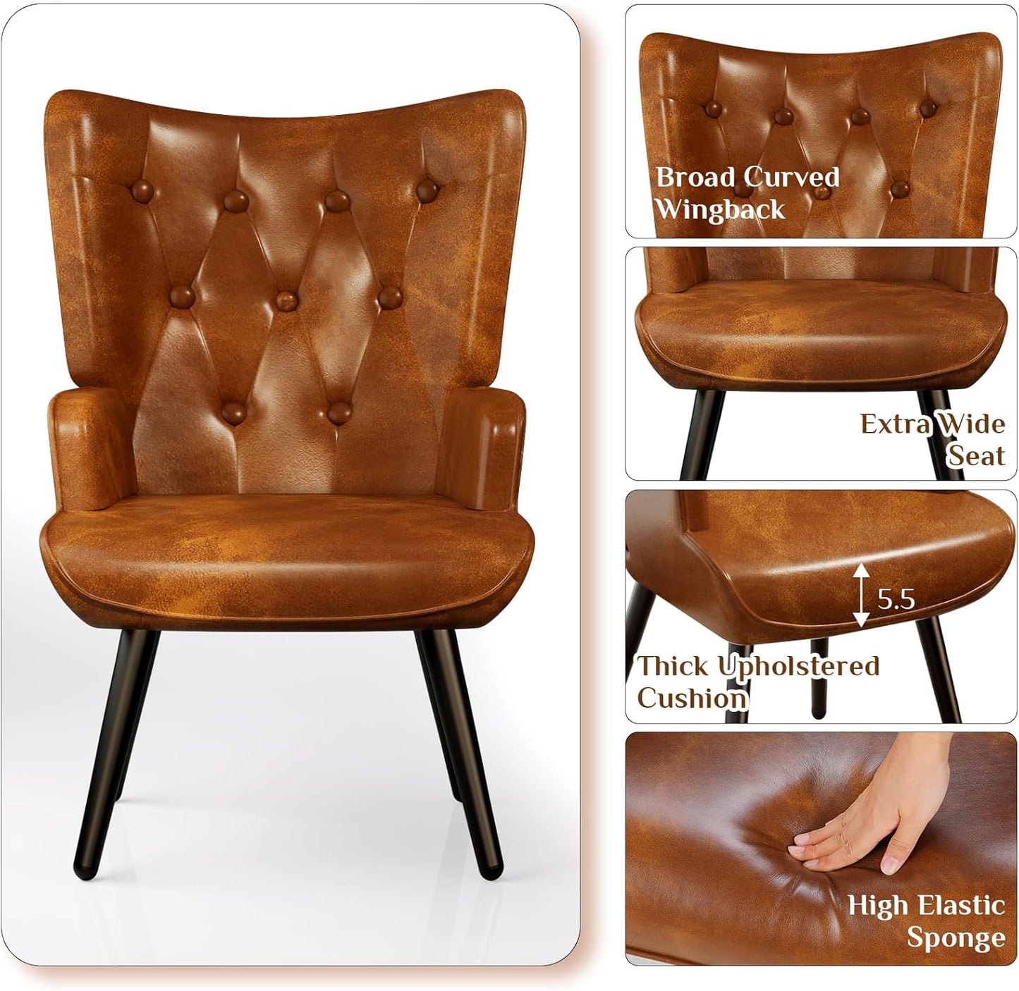 TLSUNNY PU Brown Accent Chair, Comfy Upholstered Armchair with Metal Legs, High Backrest Living Room Chair, Wingback Chair Mid Century Modern for Living Room/Vanity/Bedroom (2 pcs)