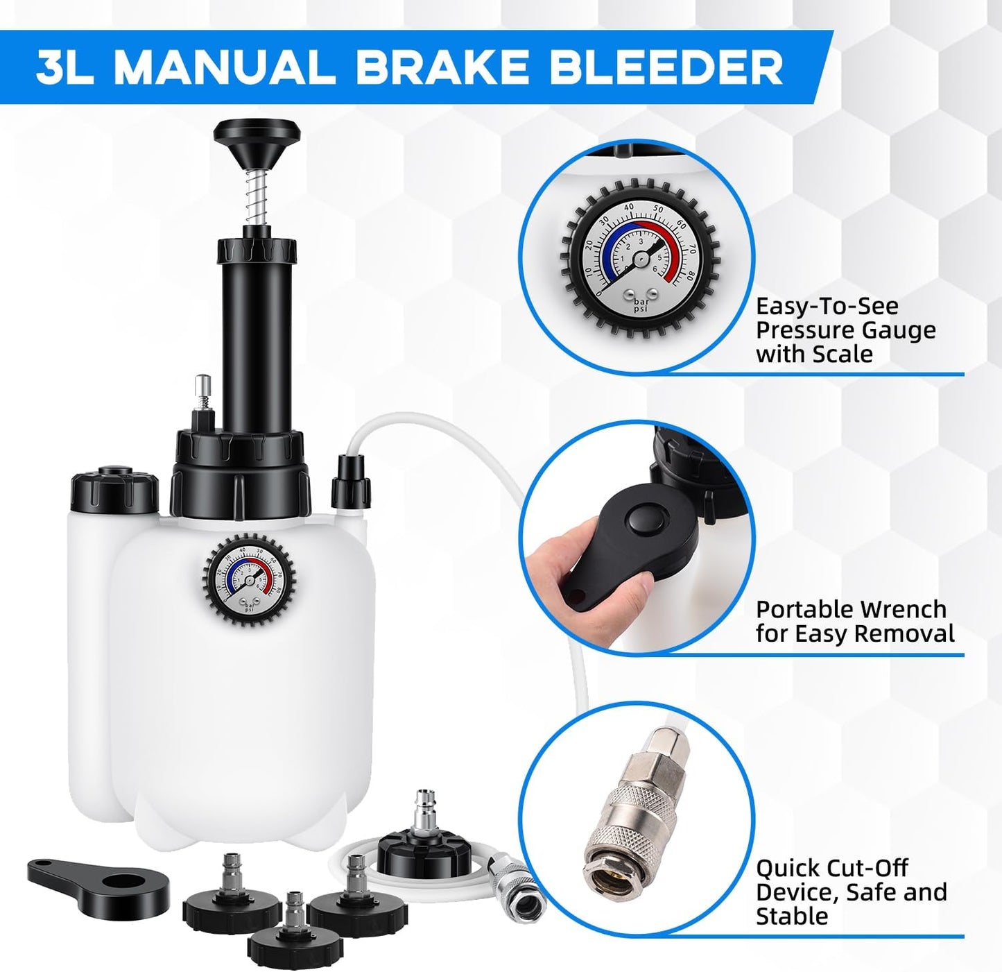 3L Brake Bleed Kit Manual Brake Bleed Fluid Pump One Person Brake Bleed Vacuum Pump Kit with 1L Brake Fluid Bleed Bottle and 4 Master Cylinder Adapters