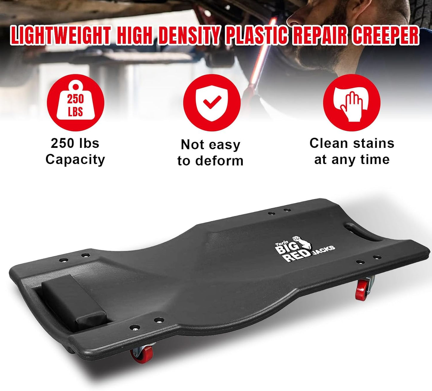 BIG RED 36" Rolling Garage Creeper, Shop Creeper Blow Molded Plastic Mechanic Cart with Padded Headrest with 4 Casters,350 LBS, Black,TR6240-P Torin