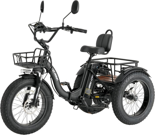 Skeri Electric Tricycle for Adults, 20"x4" Folding Fat Tire Electric Trike, 750W(Peak 1350W) Motor Etrike, 48V13Ah Battery, 3-Wheel Electric Bike, 20MPH, Front & Rear Basket & Differential